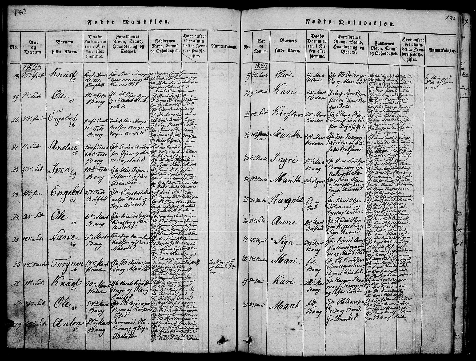 Sør-Aurdal prestekontor, AV/SAH-PREST-128/H/Ha/Hab/L0001: Klokkerbok nr. 1, 1815-1826, s. 180-181