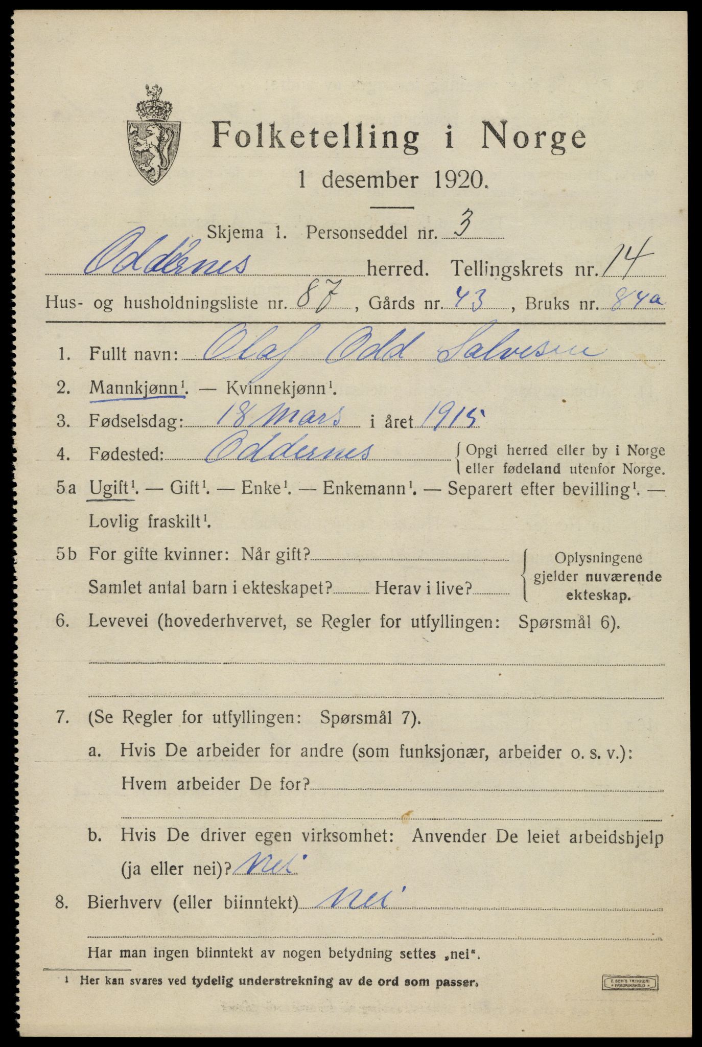 SAK, Folketelling 1920 for 1012 Oddernes herred, 1920, s. 9625