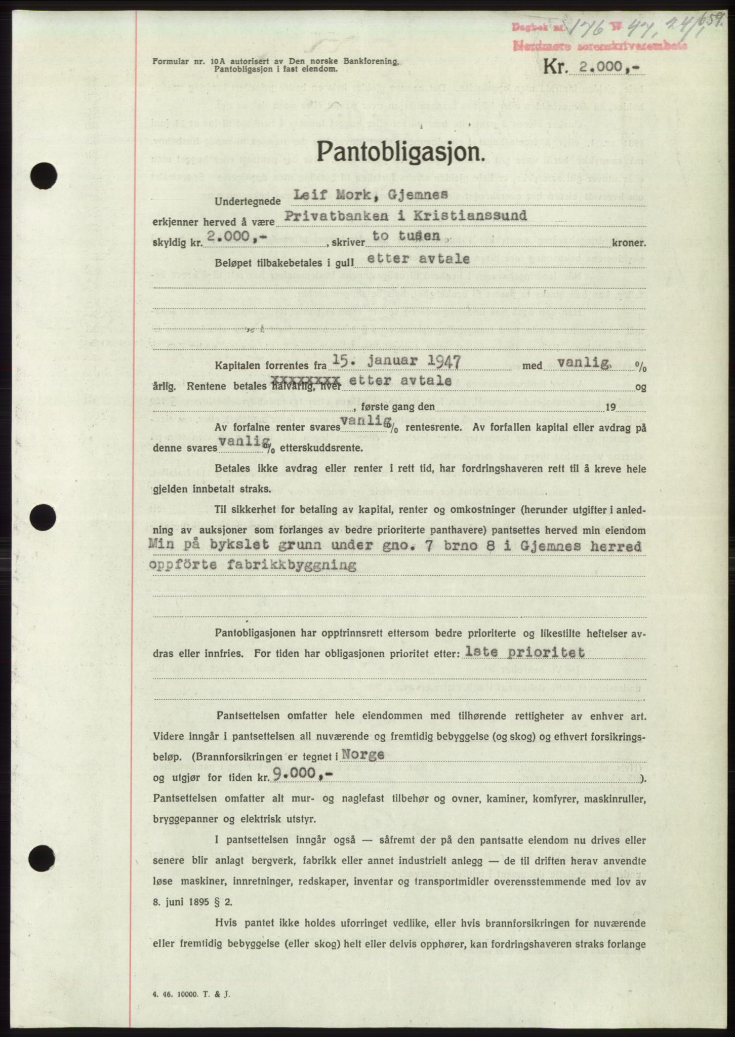 Nordmøre sorenskriveri, SAT/A-4132/1/2/2Ca: Pantebok nr. B95, 1946-1947, Dagboknr: 176/1947