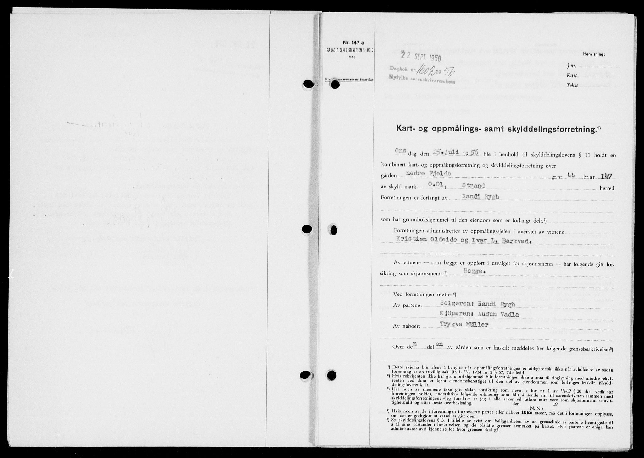 Ryfylke tingrett, SAST/A-100055/001/II/IIB/L0134: Pantebok nr. 113, 1956-1956, Dagboknr: 1602/1956