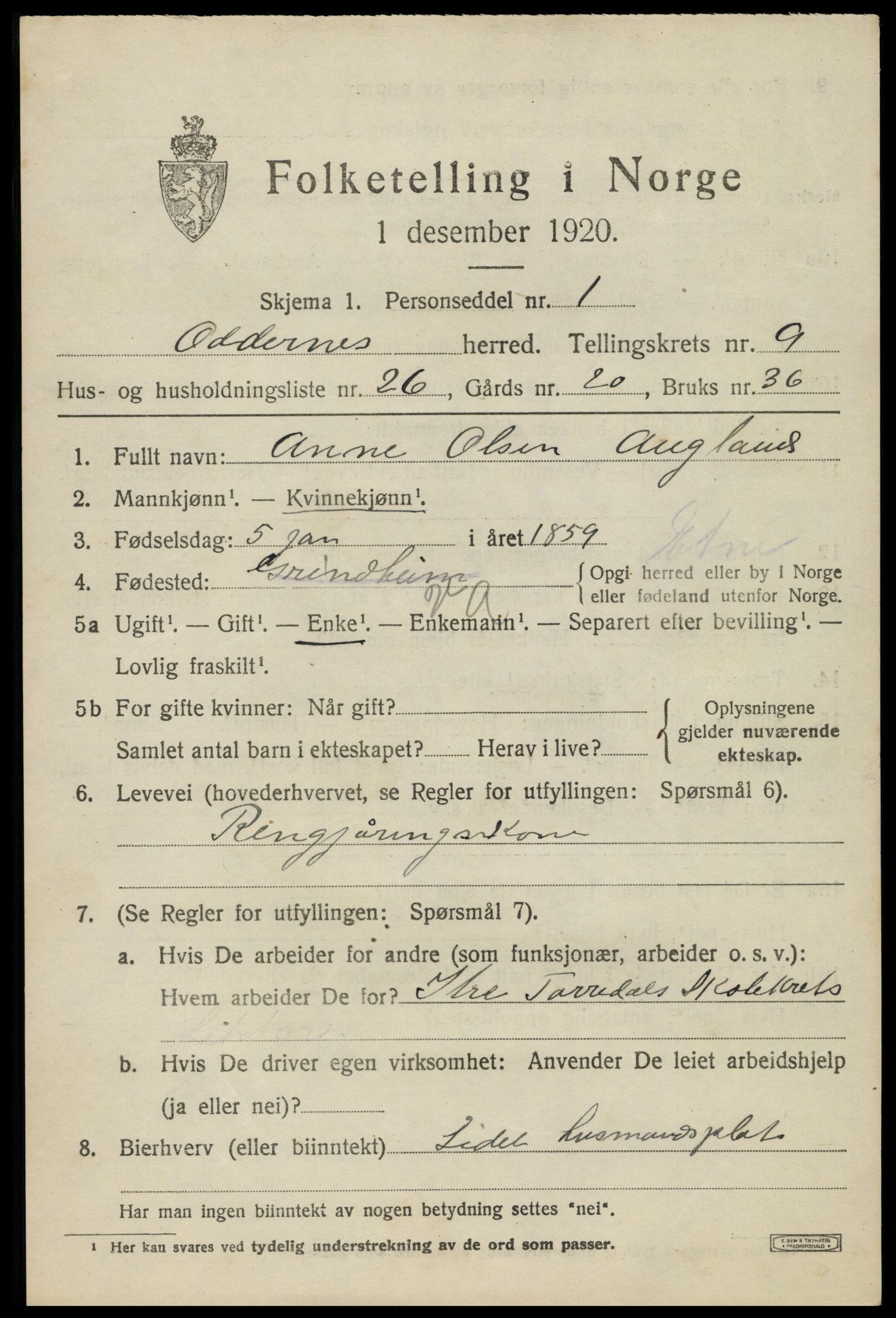SAK, Folketelling 1920 for 1012 Oddernes herred, 1920, s. 6329
