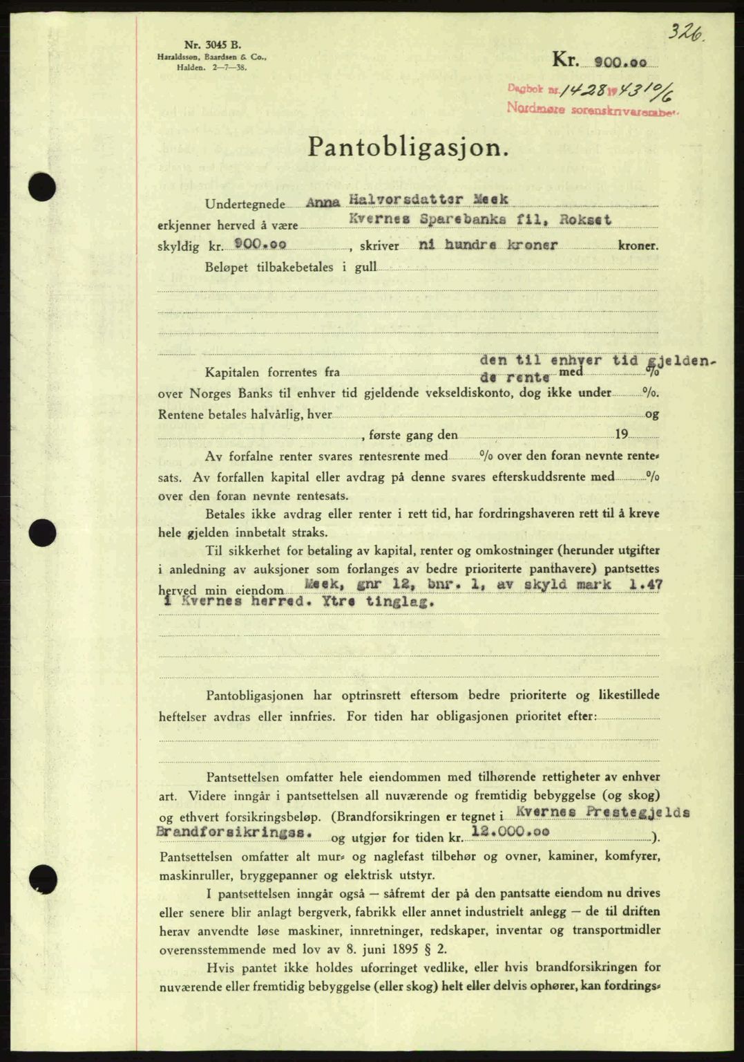 Nordmøre sorenskriveri, SAT/A-4132/1/2/2Ca: Pantebok nr. B90, 1942-1943, Dagboknr: 1428/1943