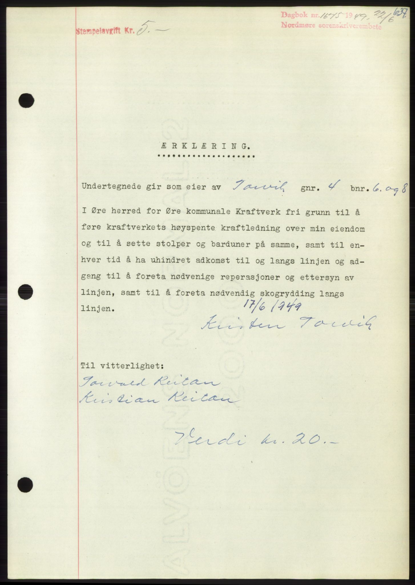 Nordmøre sorenskriveri, SAT/A-4132/1/2/2Ca: Pantebok nr. B101, 1949-1949, Dagboknr: 1675/1949