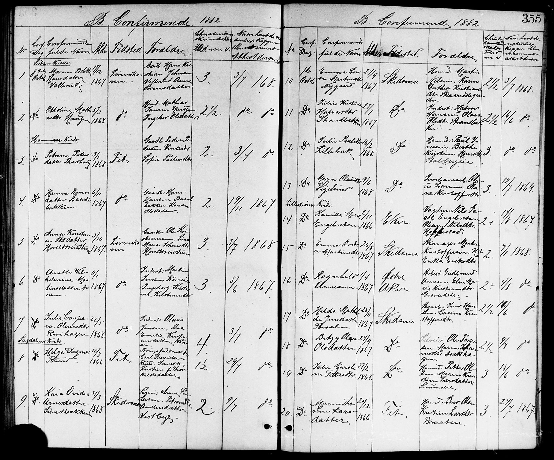 Skedsmo prestekontor Kirkebøker, AV/SAO-A-10033a/G/Ga/L0003: Klokkerbok nr. I 3, 1873-1882, s. 355
