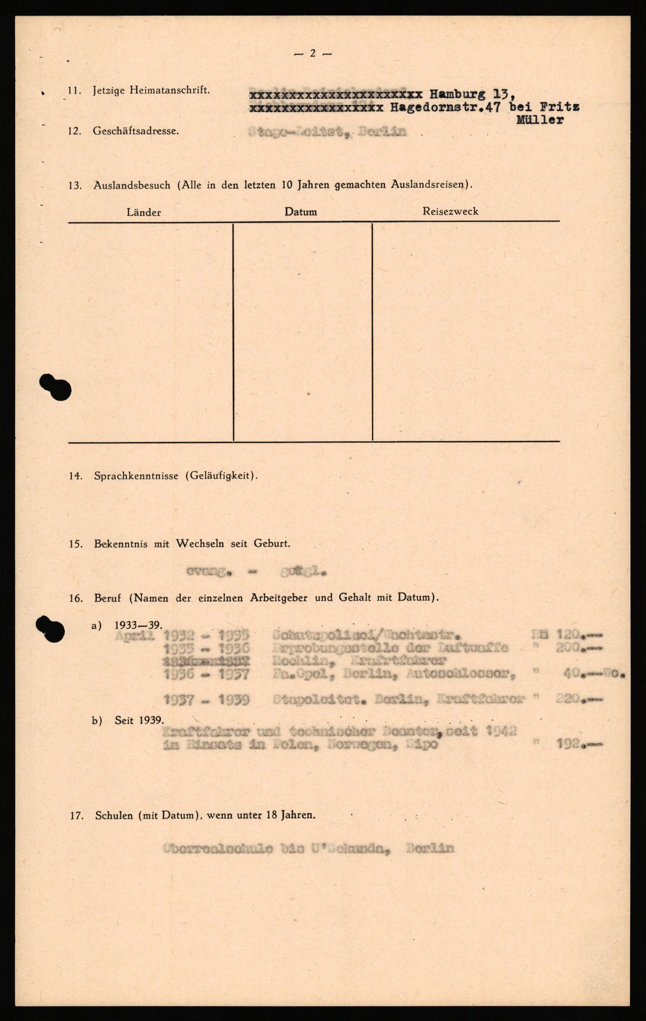 Forsvaret, Forsvarets overkommando II, AV/RA-RAFA-3915/D/Db/L0036: CI Questionaires. Tyske okkupasjonsstyrker i Norge. Tyskere., 1945-1946, s. 14