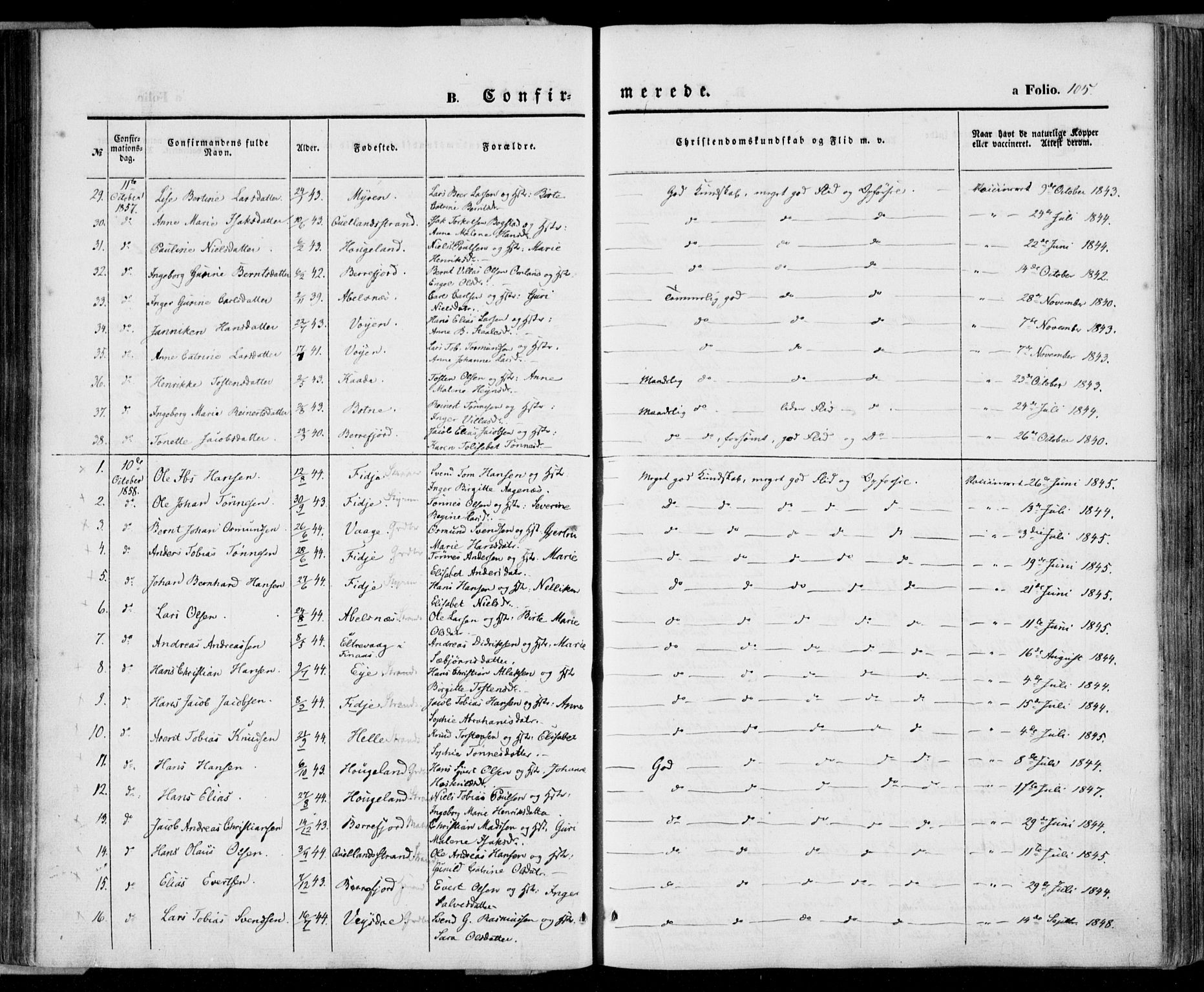 Flekkefjord sokneprestkontor, AV/SAK-1111-0012/F/Fa/Fab/L0004: Ministerialbok nr. A 4, 1850-1875, s. 105