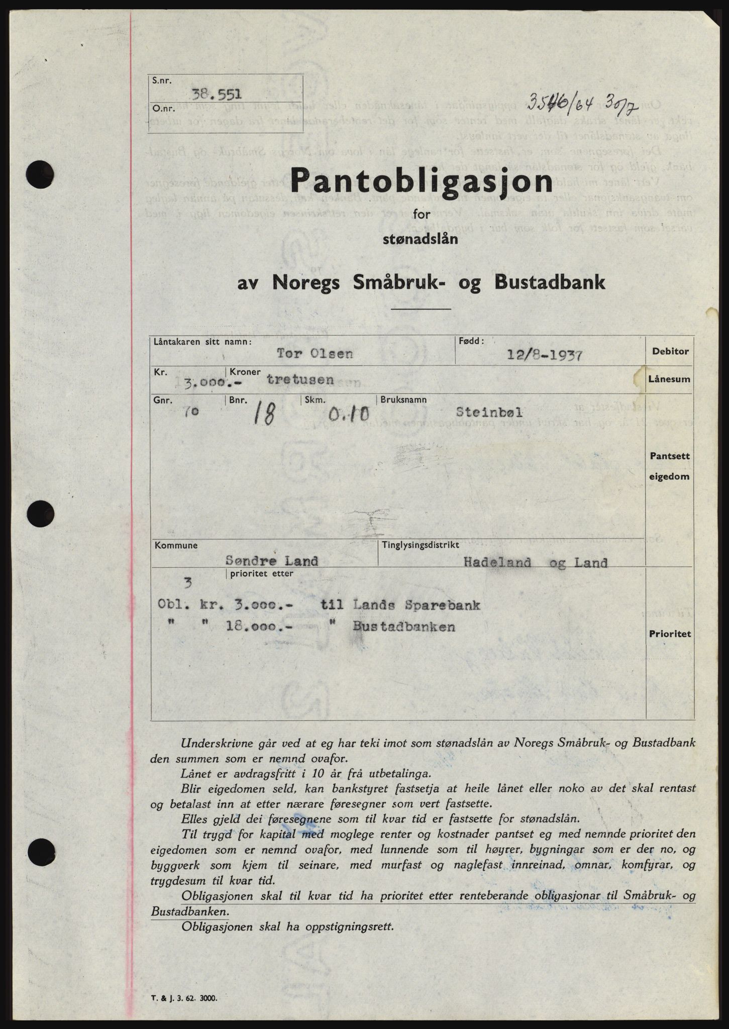 Hadeland og Land tingrett, SAH/TING-010/H/Hb/Hbc/L0055: Pantebok nr. B55, 1964-1964, Dagboknr: 3546/1964