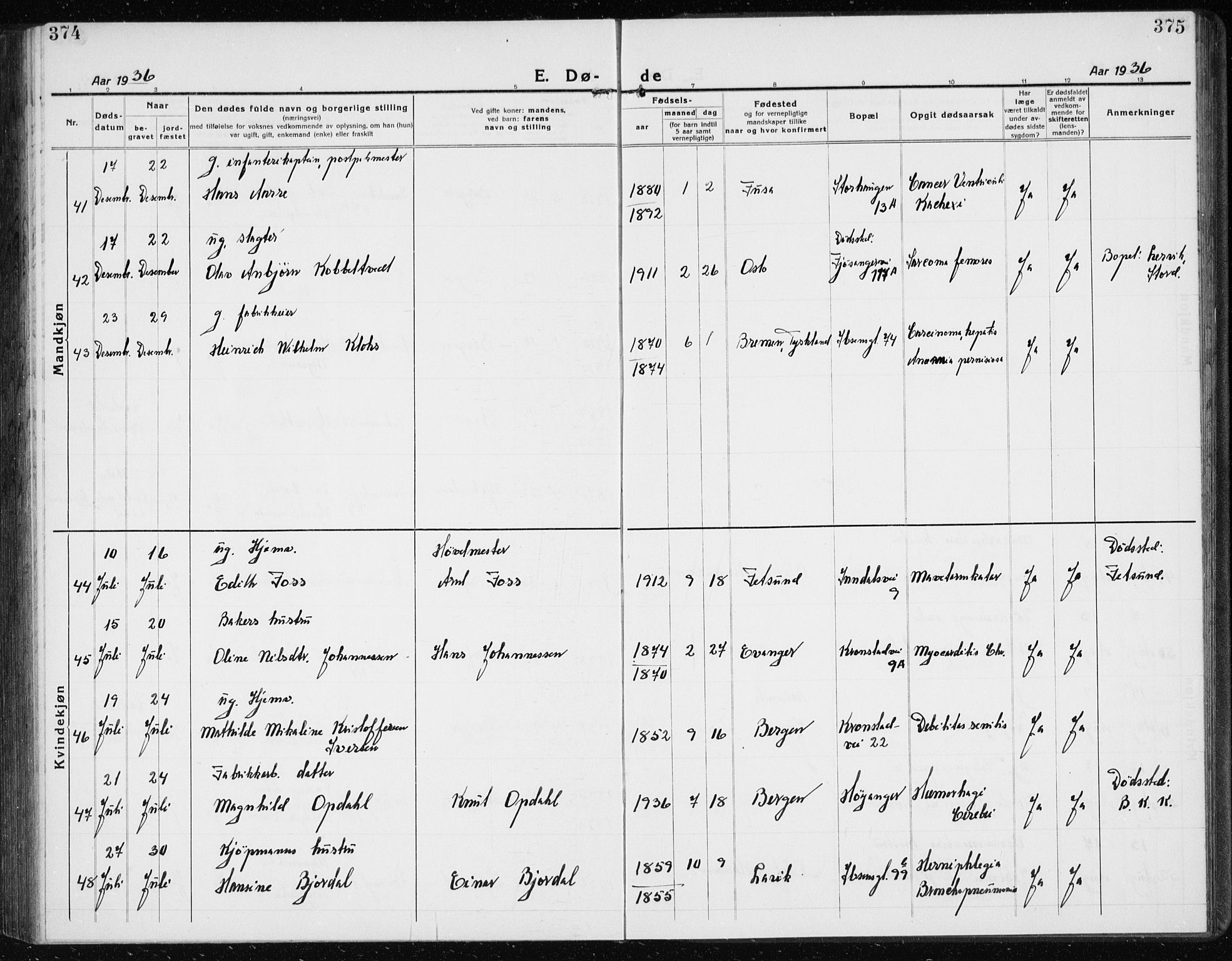 Årstad Sokneprestembete, AV/SAB-A-79301/H/Hab/L0025: Klokkerbok nr. D 2, 1922-1940, s. 374-375