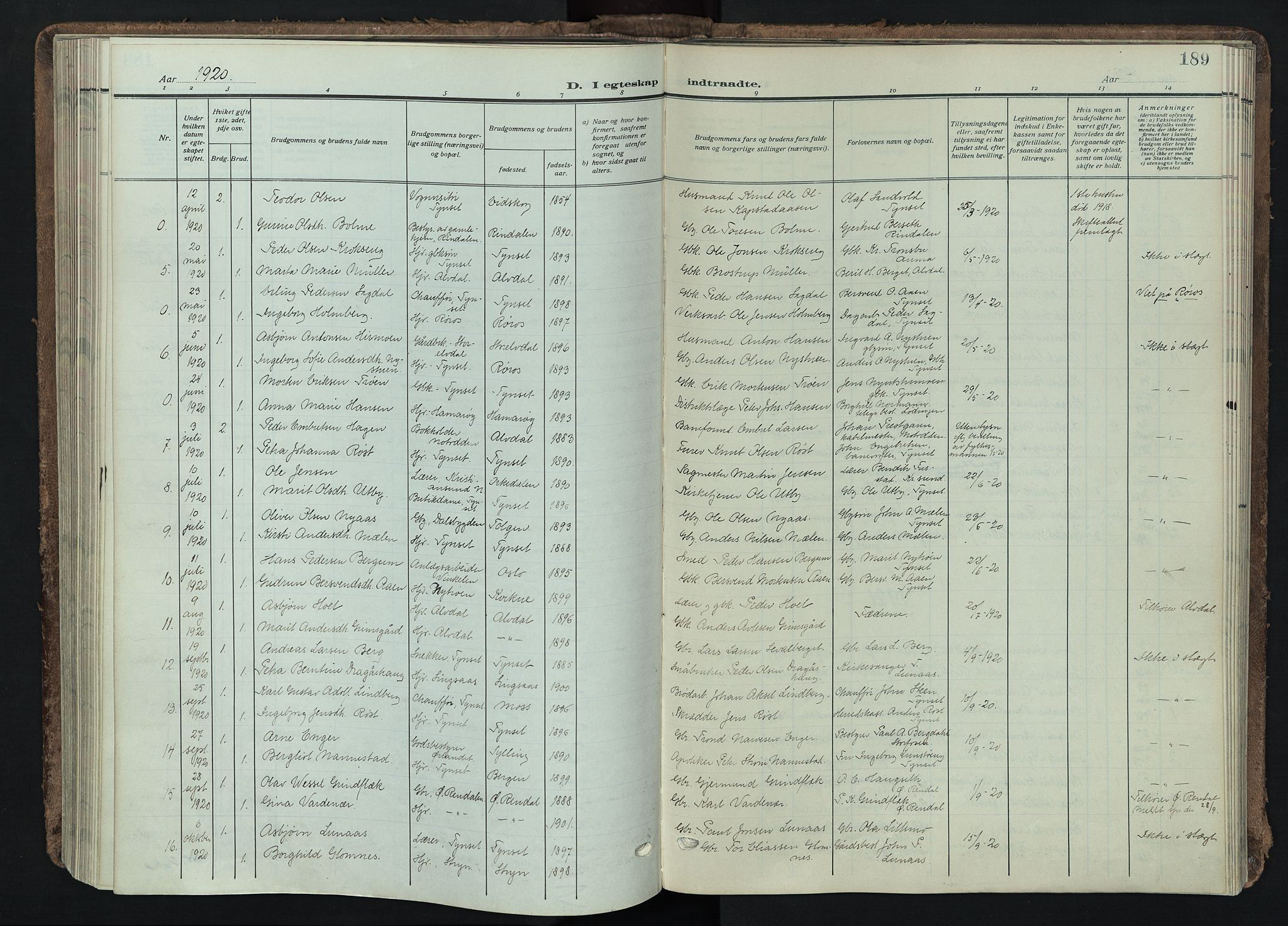 Tynset prestekontor, AV/SAH-PREST-058/H/Ha/Haa/L0026: Ministerialbok nr. 26, 1915-1929, s. 189