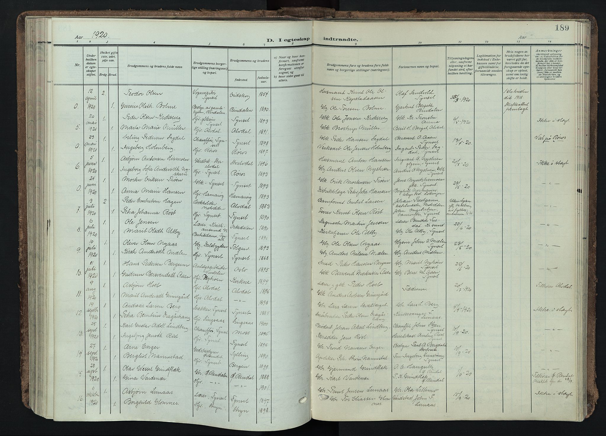 Tynset prestekontor, SAH/PREST-058/H/Ha/Haa/L0026: Ministerialbok nr. 26, 1915-1929, s. 189