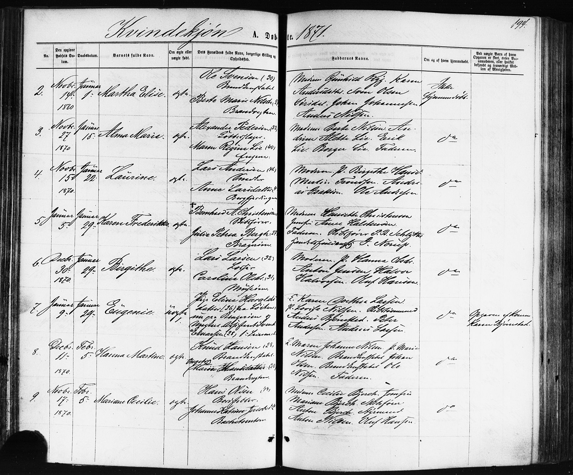 Bragernes kirkebøker, SAKO/A-6/F/Fb/L0004: Ministerialbok nr. II 4, 1869-1875, s. 194
