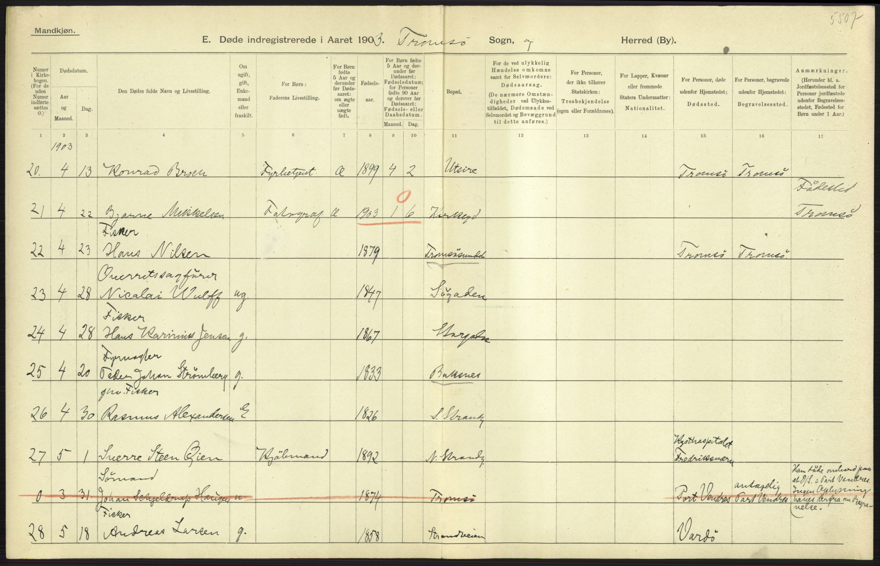 Statistisk sentralbyrå, Sosiodemografiske emner, Befolkning, AV/RA-S-2228/D/Df/Dfa/Dfaa/L0021: Tromsø amt: Fødte, gifte, døde., 1903, s. 535