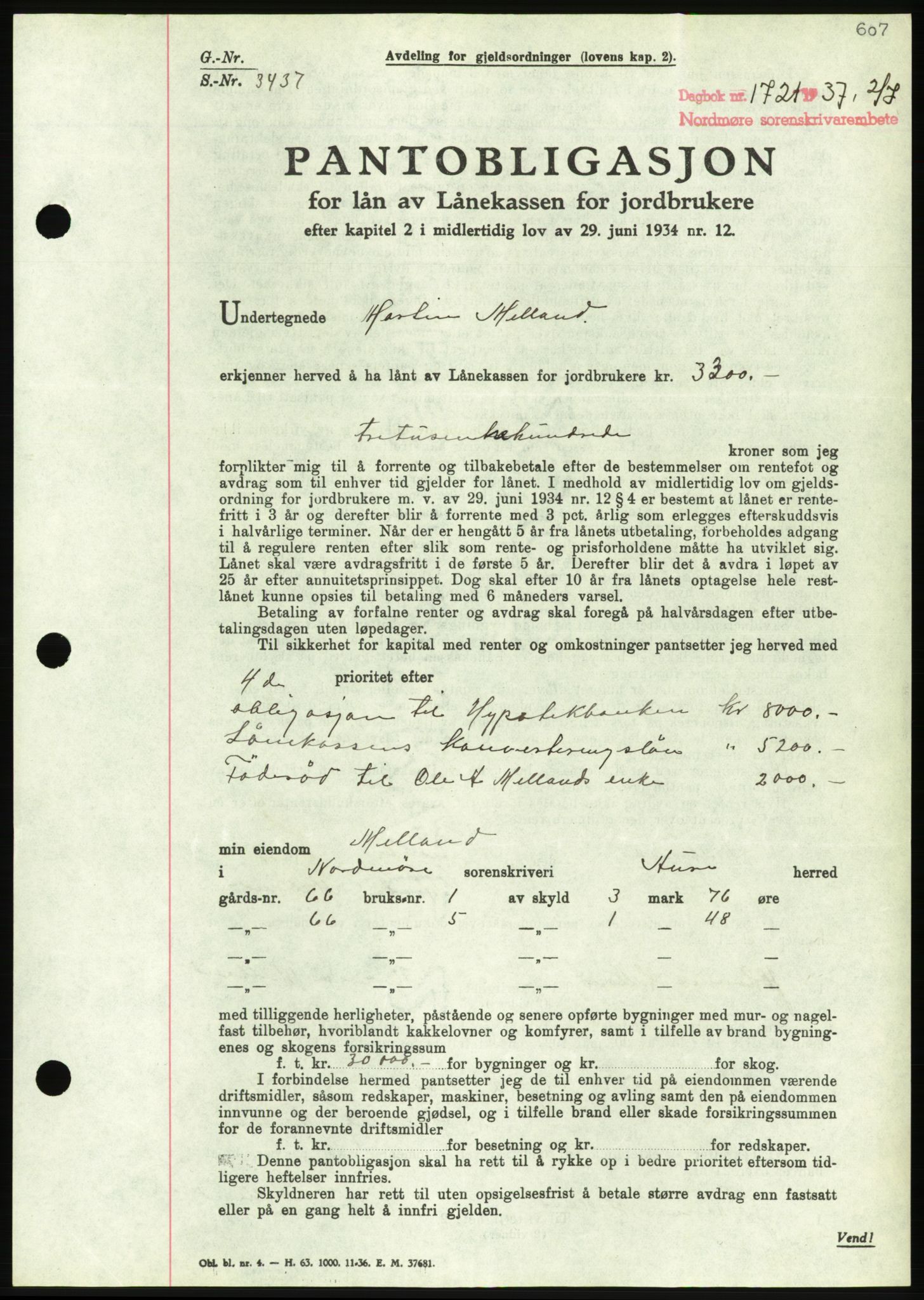 Nordmøre sorenskriveri, AV/SAT-A-4132/1/2/2Ca/L0091: Pantebok nr. B81, 1937-1937, Dagboknr: 1721/1937