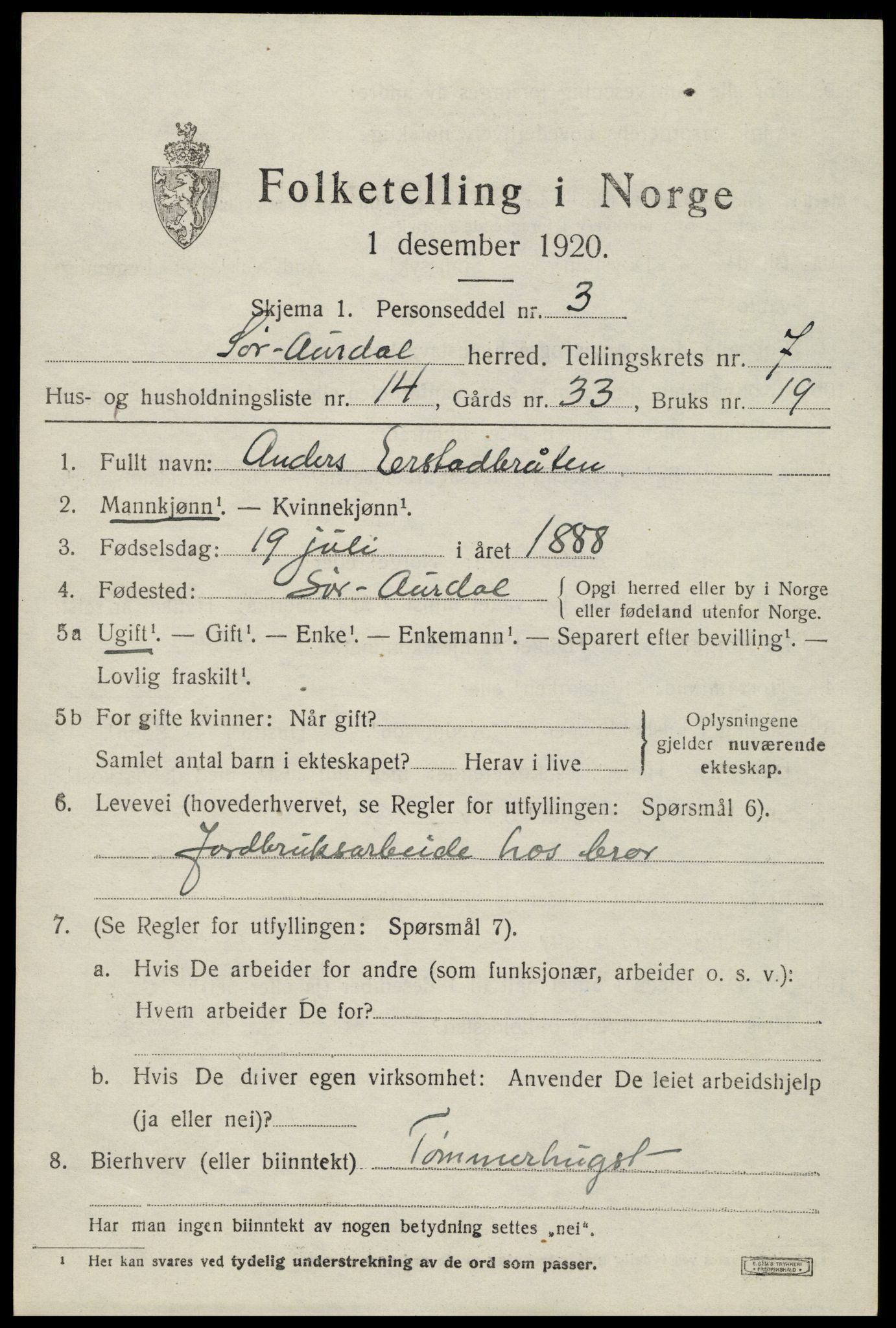 SAH, Folketelling 1920 for 0540 Sør-Aurdal herred, 1920, s. 3733