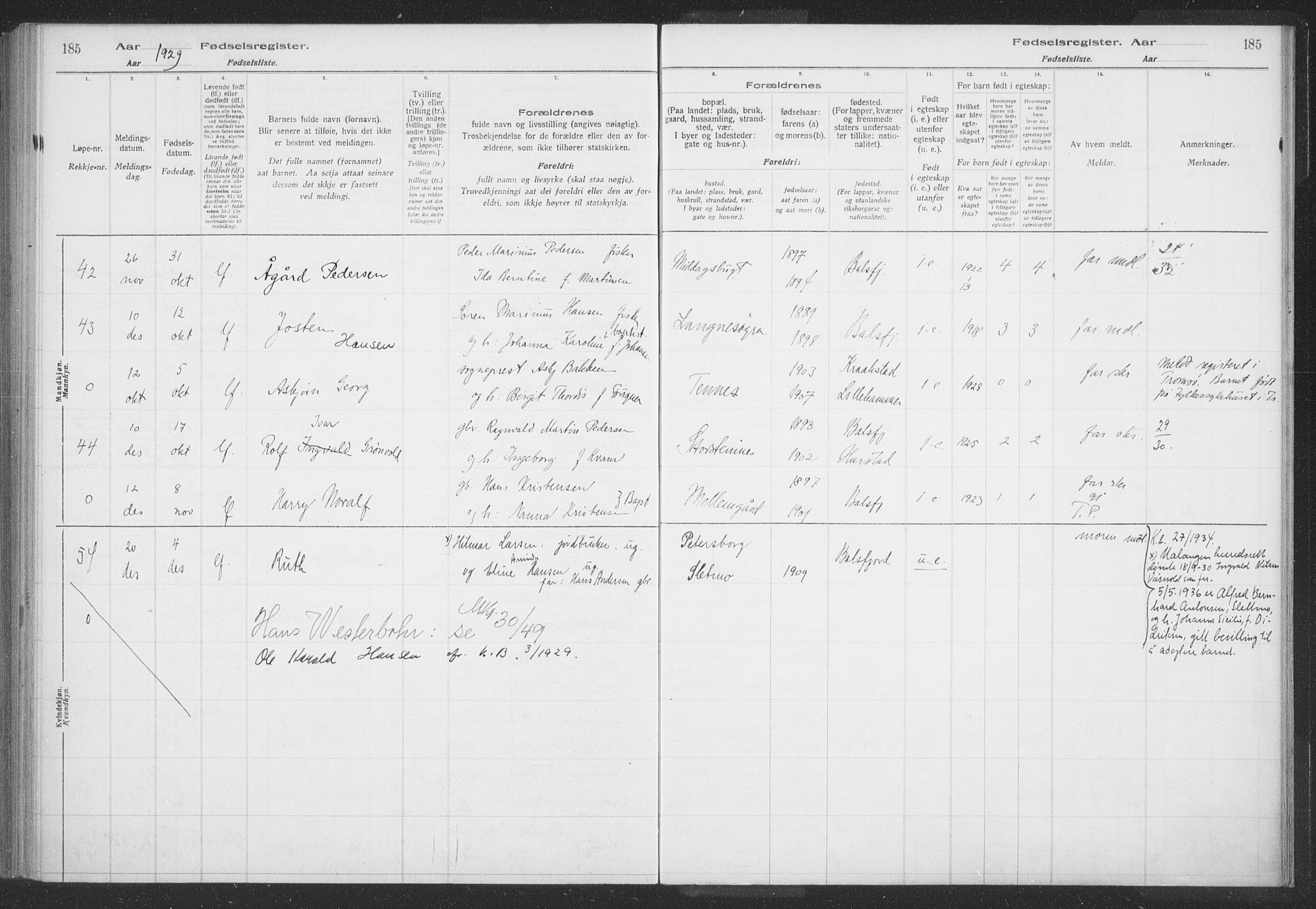 Balsfjord sokneprestembete, AV/SATØ-S-1303/H/Hb/L0059: Fødselsregister nr. 59, 1916-1930, s. 185