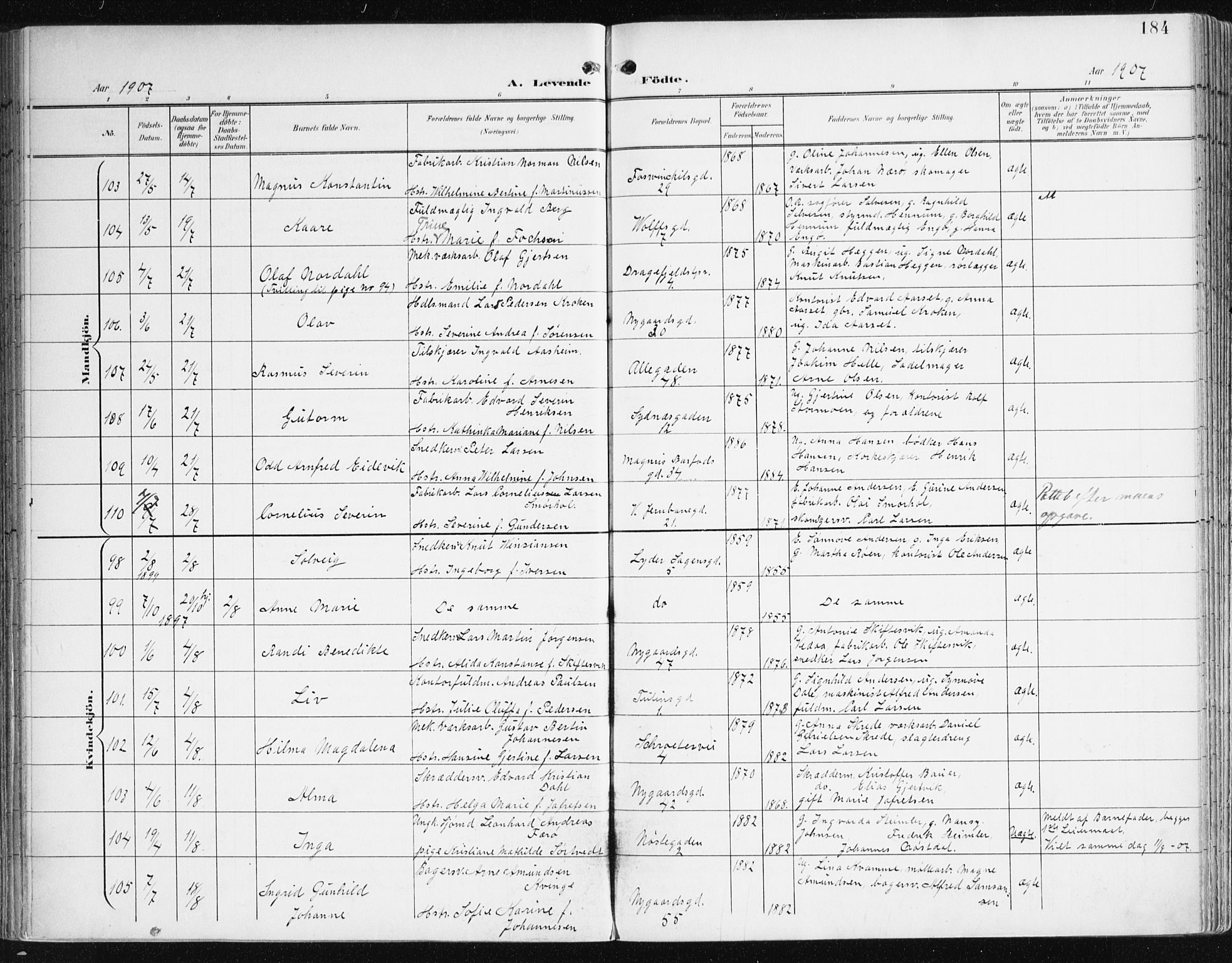 Johanneskirken sokneprestembete, AV/SAB-A-76001/H/Haa/L0002: Ministerialbok nr. A 2, 1900-1912, s. 184