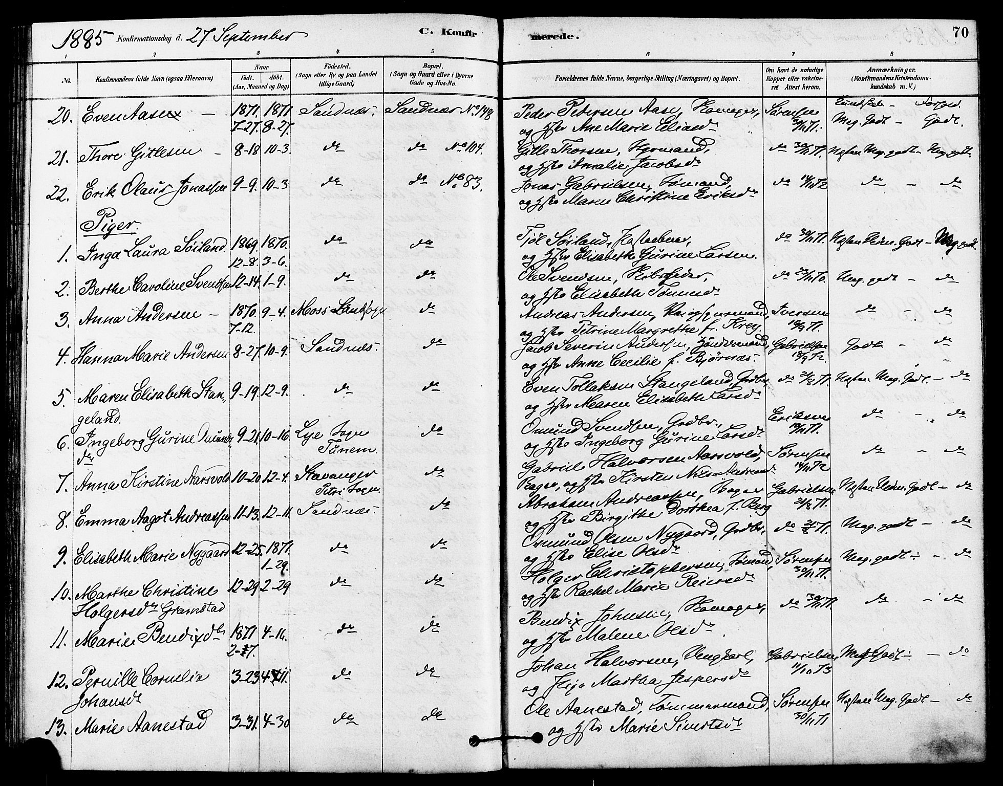 Høyland sokneprestkontor, AV/SAST-A-101799/001/30BA/L0012: Ministerialbok nr. A 11, 1878-1889, s. 70
