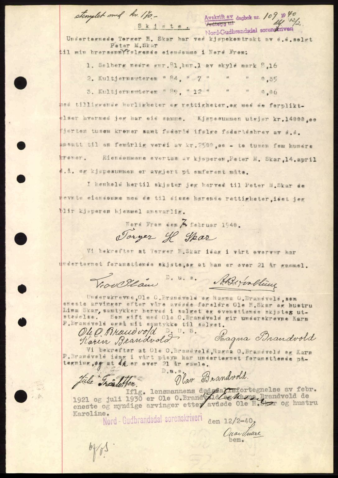 Nord-Gudbrandsdal tingrett, SAH/TING-002/H/Hb/Hbb/L0005: Pantebok nr. FA5, 1939-1940, Dagboknr: 109/1940