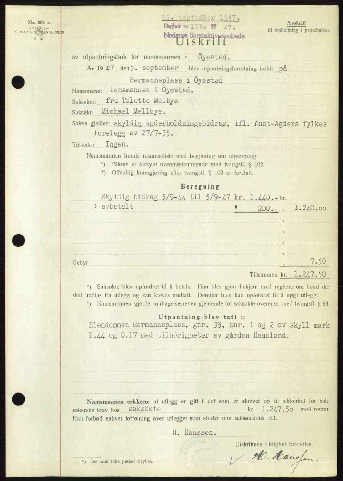 Nedenes sorenskriveri, AV/SAK-1221-0006/G/Gb/Gba/L0058: Pantebok nr. A10, 1947-1948, Dagboknr: 1330/1947