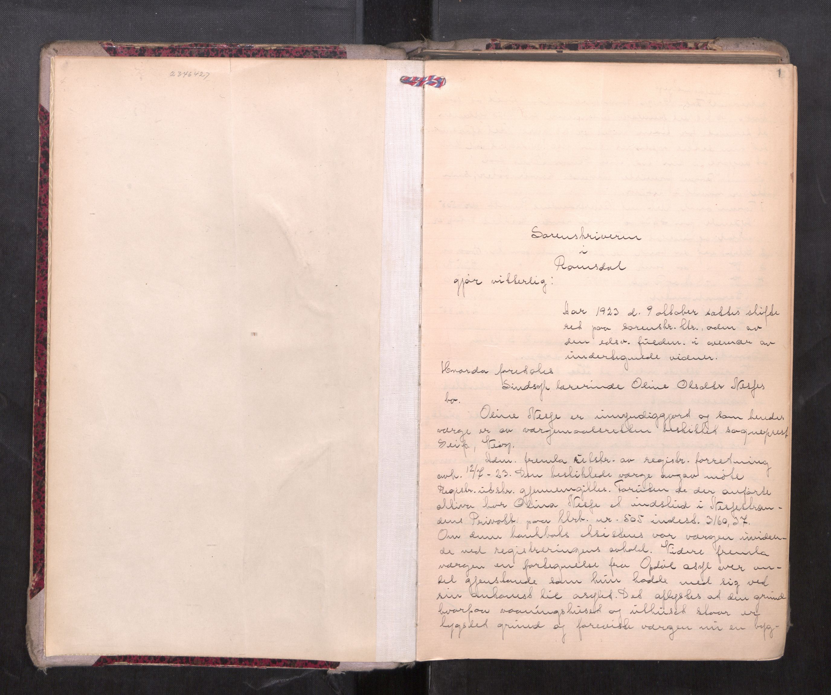 Romsdal sorenskriveri, SAT/A-4149/1/3/3B/L0010: Skiftebehandlingsprotokoll, 1923-1925, s. 1