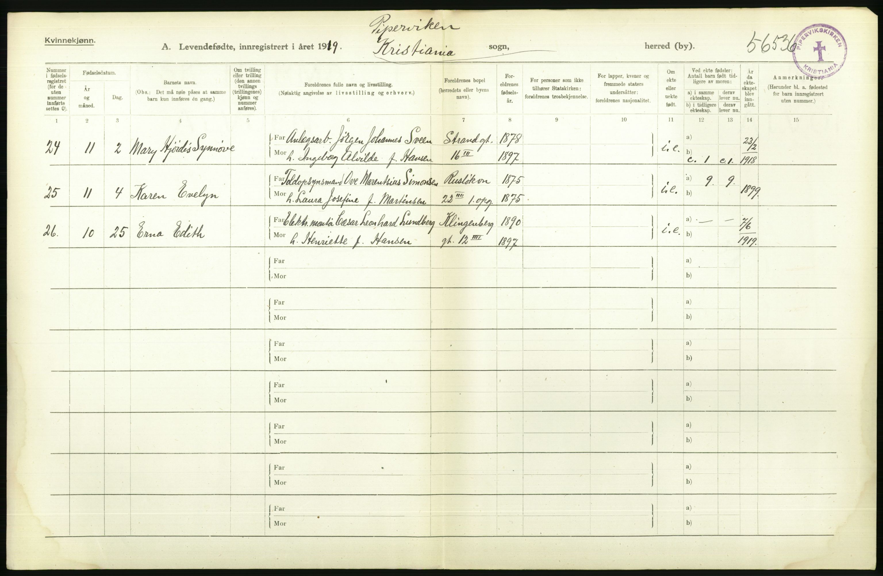 Statistisk sentralbyrå, Sosiodemografiske emner, Befolkning, AV/RA-S-2228/D/Df/Dfb/Dfbi/L0008: Kristiania: Levendefødte menn og kvinner., 1919