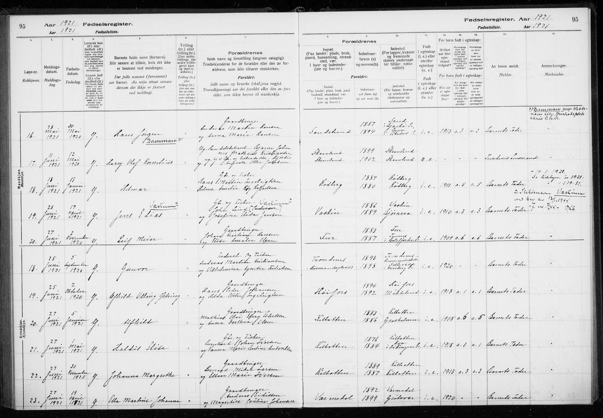 Trondenes sokneprestkontor, AV/SATØ-S-1319/I/Ia/L0089: Fødselsregister nr. 89, 1916-1925, s. 95