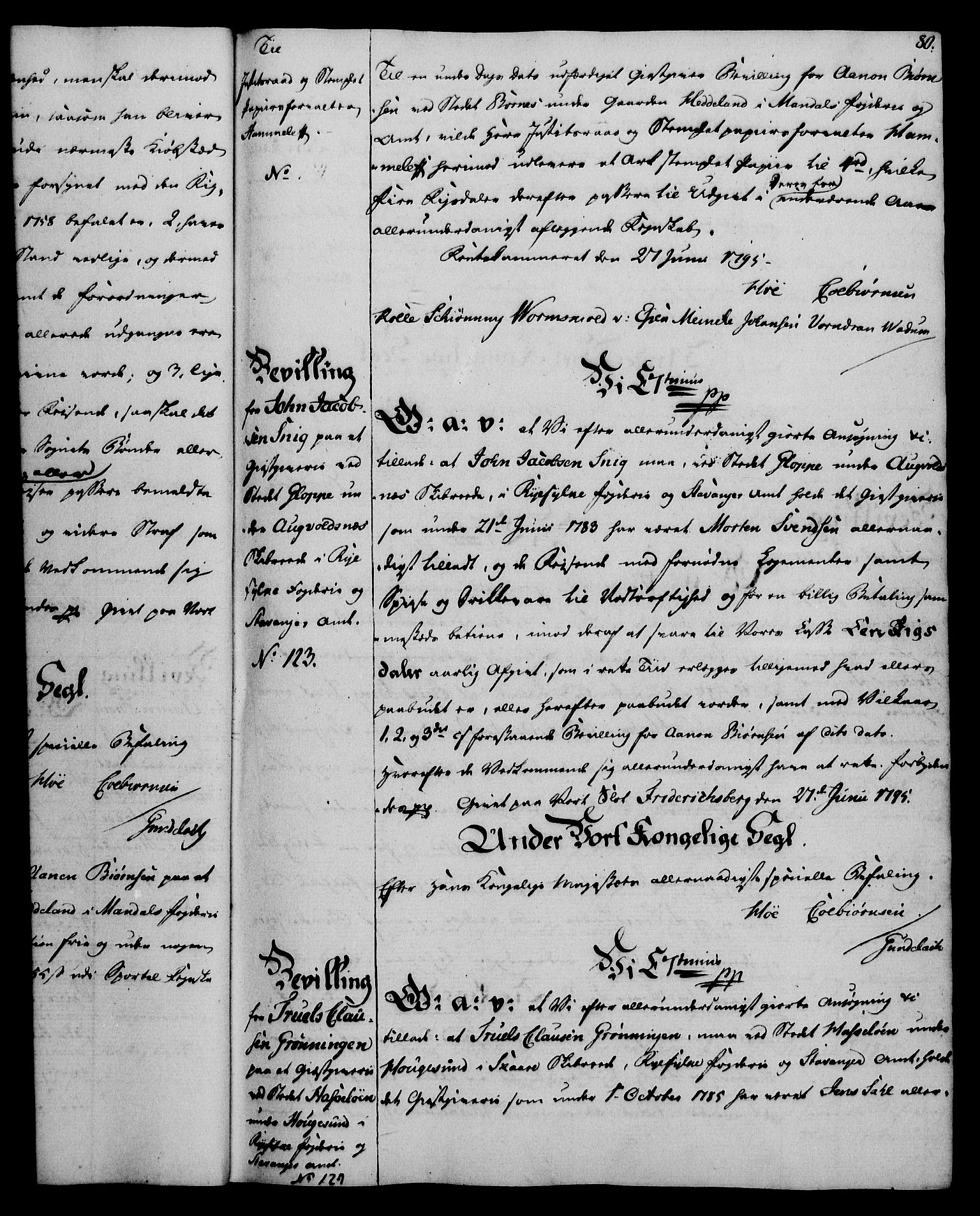 Rentekammeret, Kammerkanselliet, AV/RA-EA-3111/G/Gg/Gga/L0016: Norsk ekspedisjonsprotokoll med register (merket RK 53.16), 1794-1800, s. 80