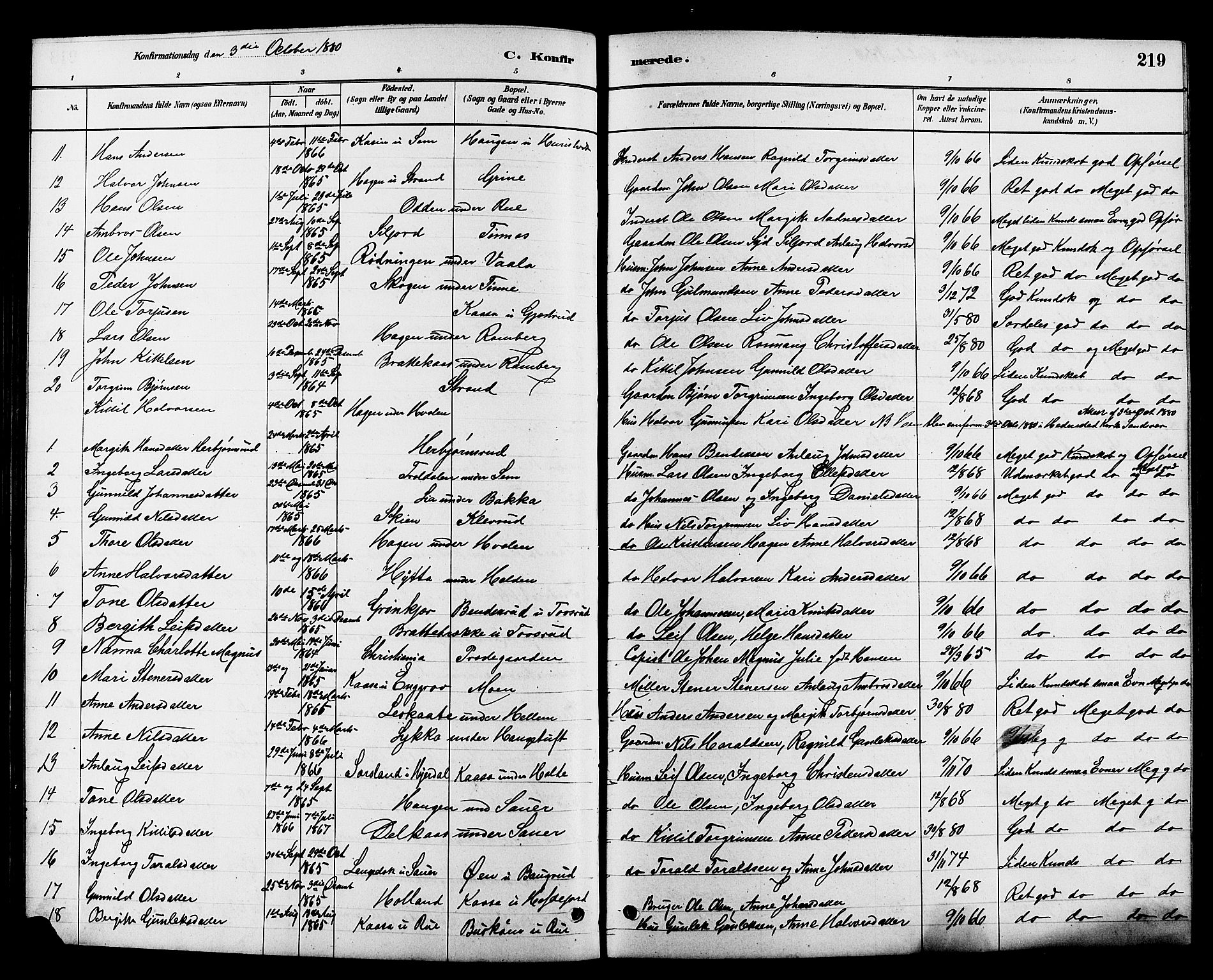 Heddal kirkebøker, AV/SAKO-A-268/G/Ga/L0002: Klokkerbok nr. I 2, 1879-1908, s. 219