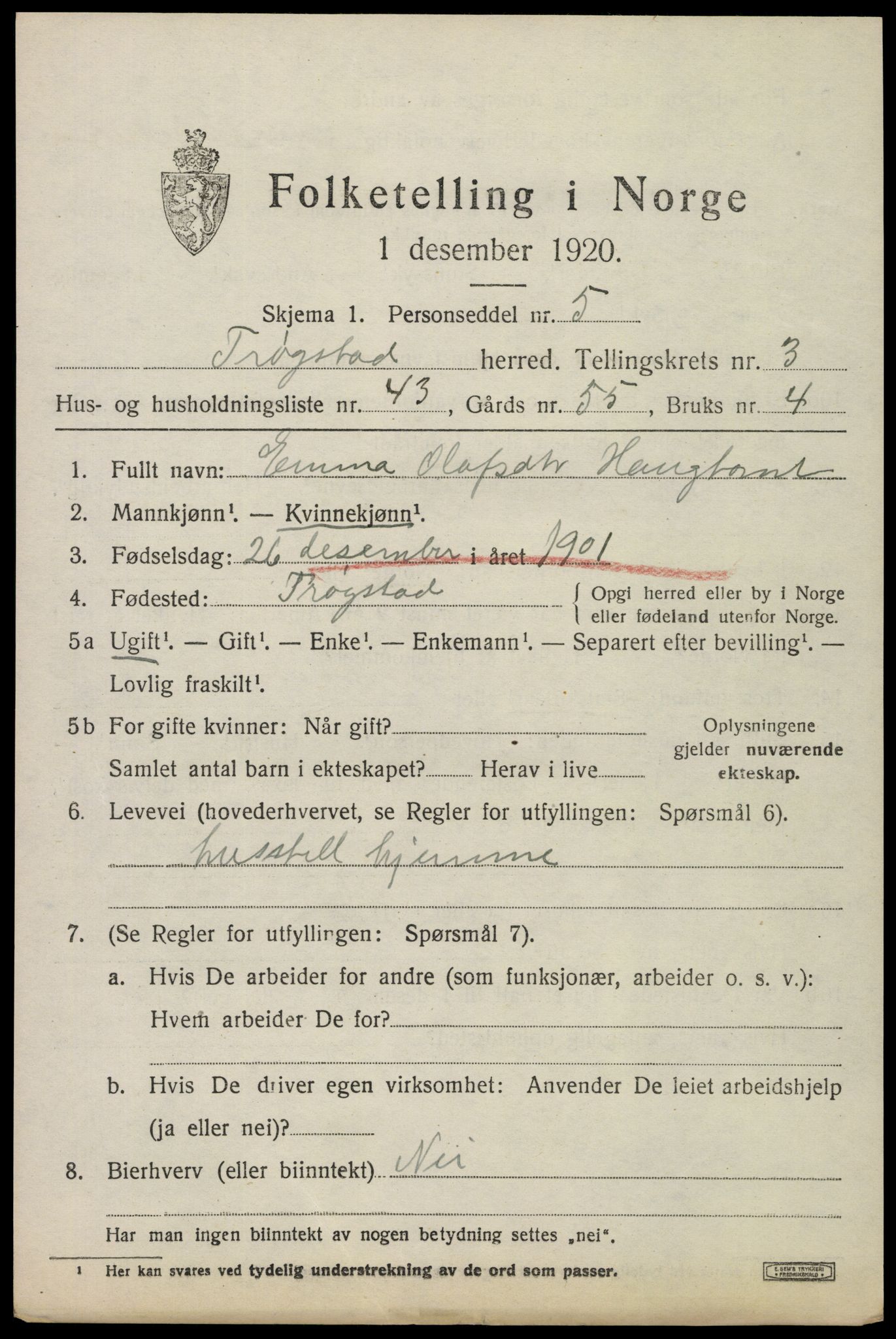 SAO, Folketelling 1920 for 0122 Trøgstad herred, 1920, s. 3848