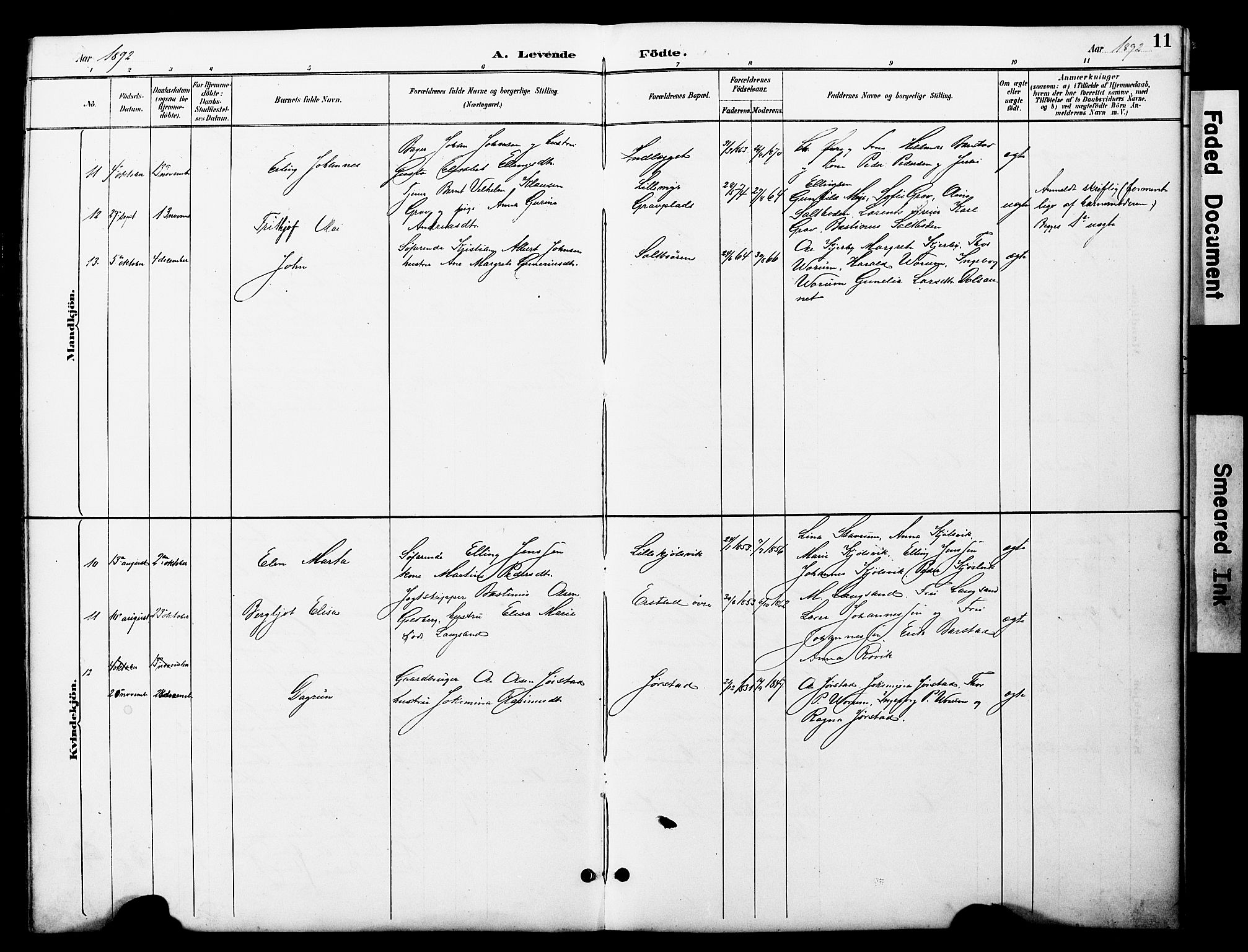 Ministerialprotokoller, klokkerbøker og fødselsregistre - Nord-Trøndelag, AV/SAT-A-1458/722/L0226: Klokkerbok nr. 722C02, 1889-1927, s. 11