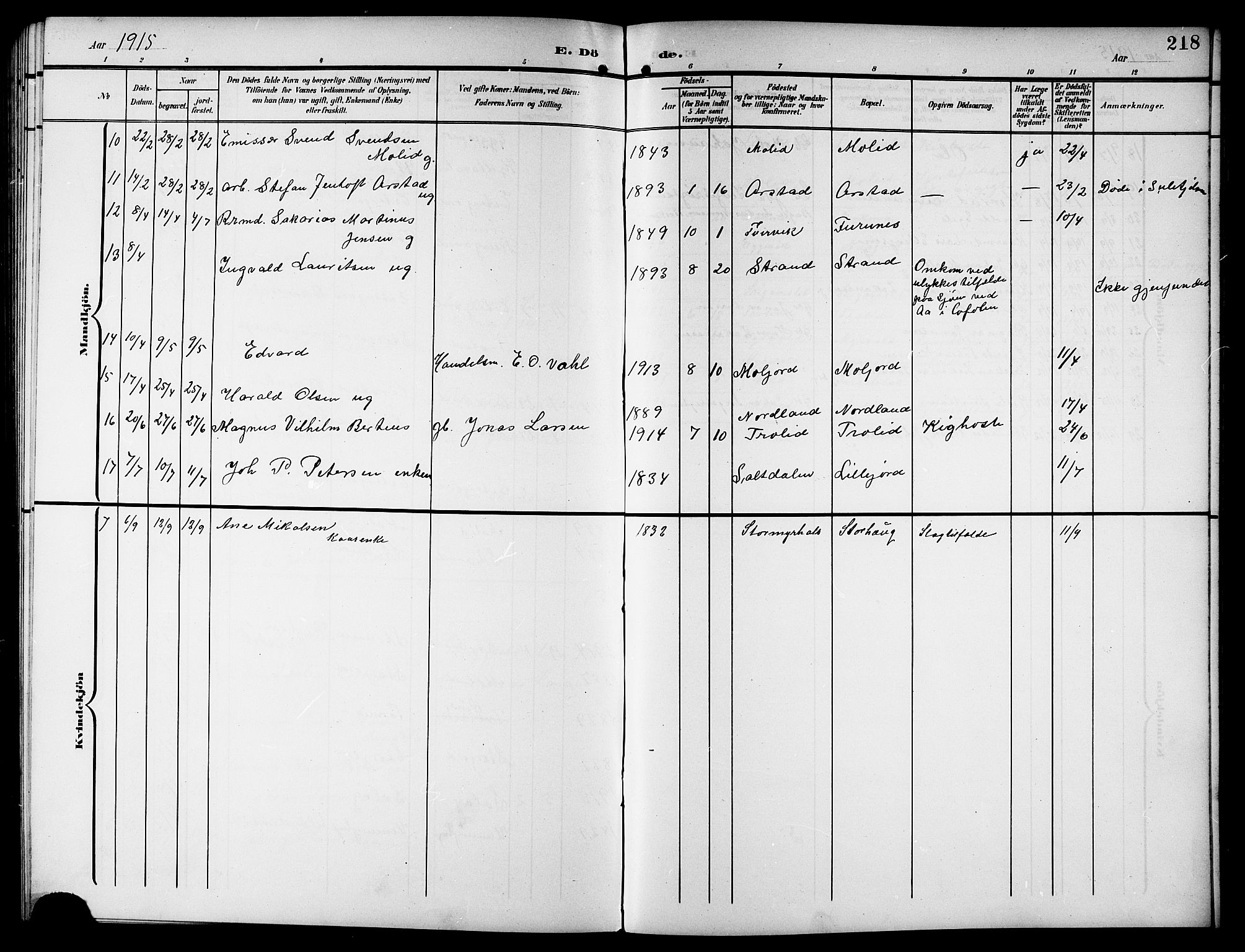 Ministerialprotokoller, klokkerbøker og fødselsregistre - Nordland, AV/SAT-A-1459/846/L0655: Klokkerbok nr. 846C05, 1902-1916, s. 218