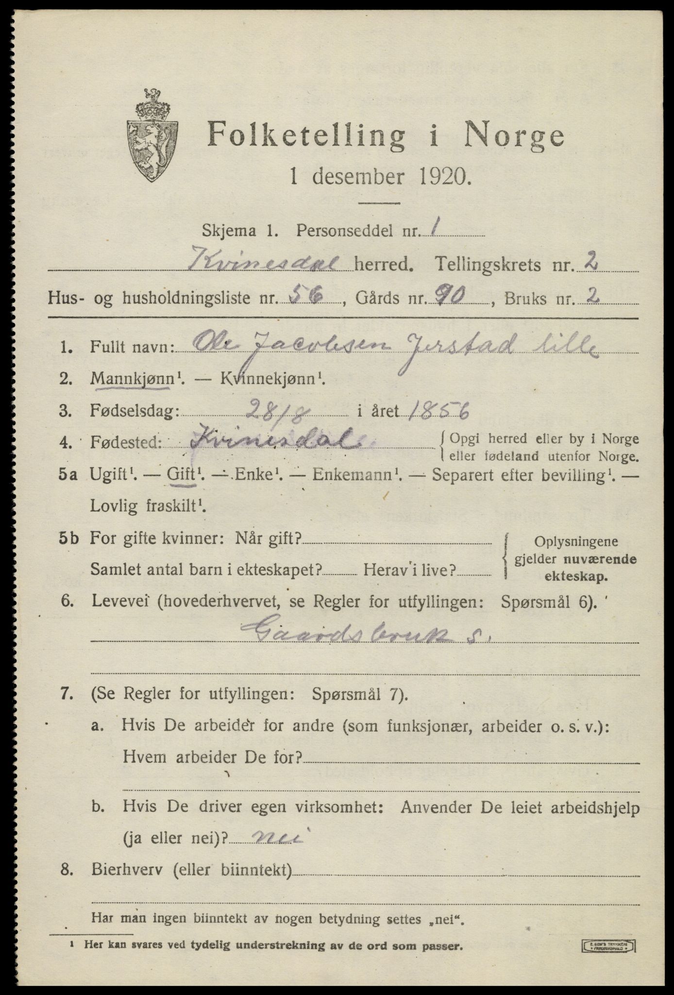 SAK, Folketelling 1920 for 1037 Kvinesdal herred, 1920, s. 2449