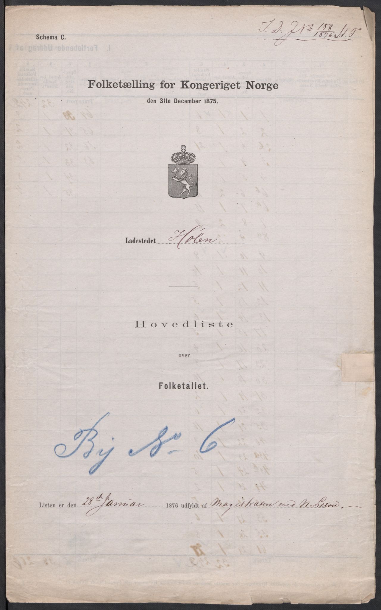 RA, Folketelling 1875 for 0204B Vestby prestegjeld, Hølen ladested, 1875, s. 1