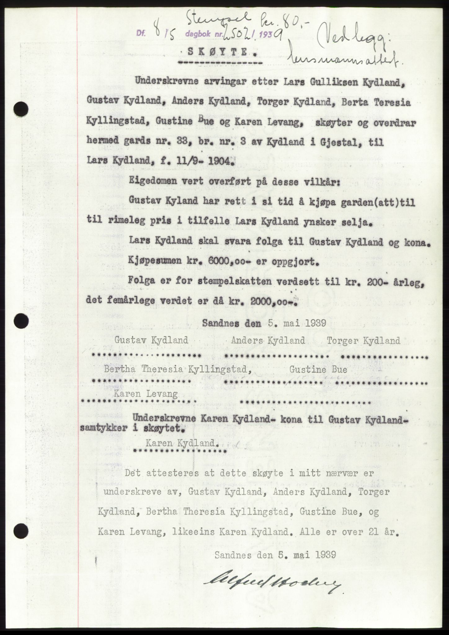 Jæren sorenskriveri, SAST/A-100310/03/G/Gba/L0074: Pantebok, 1939-1939, Dagboknr: 2502/1939