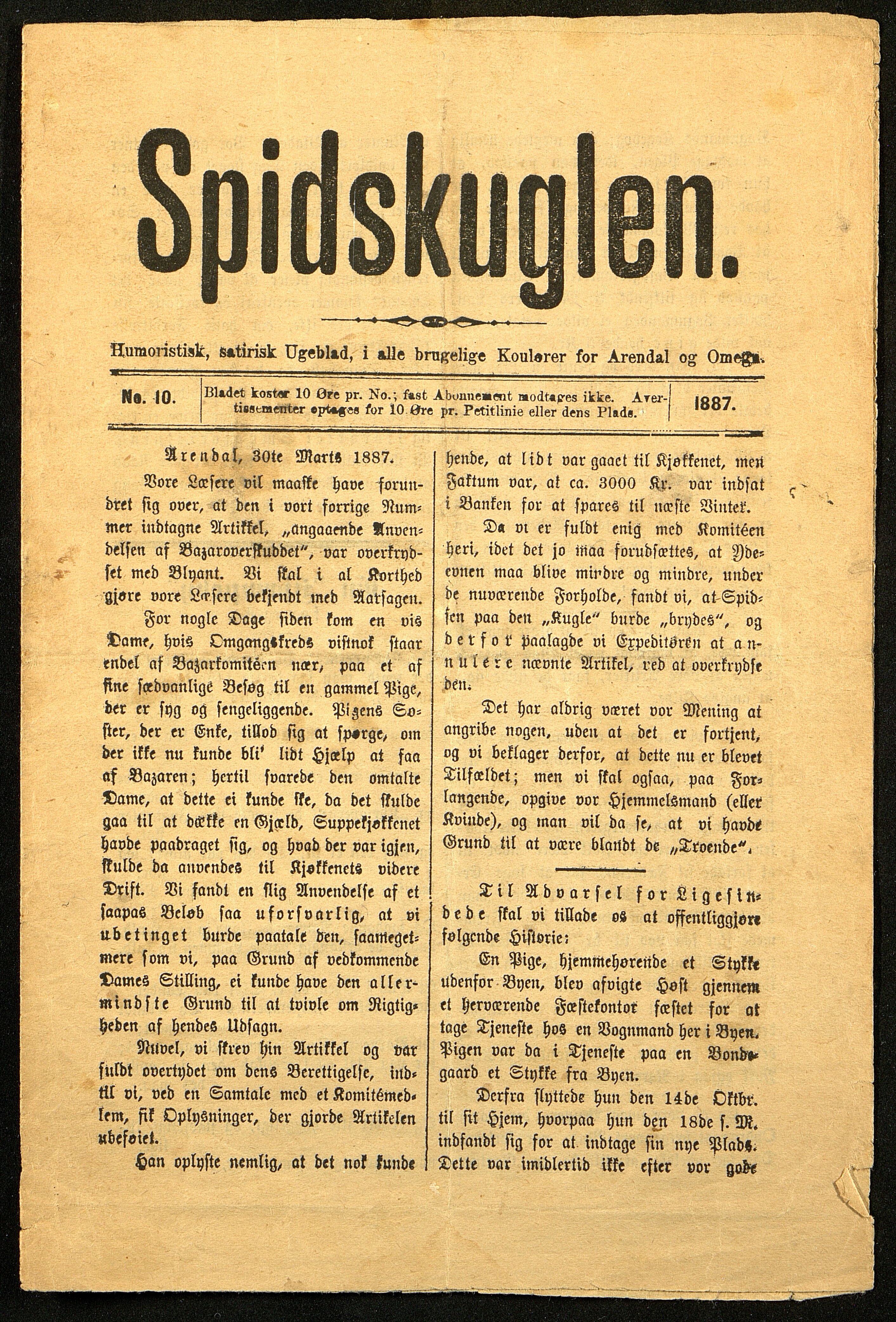 Spidskuglen, AAMA/PA-2823/X/L0001/0001: Spidskuglen / Årg. 1887, nr. 1–2, 4–23, 25–36, 1887