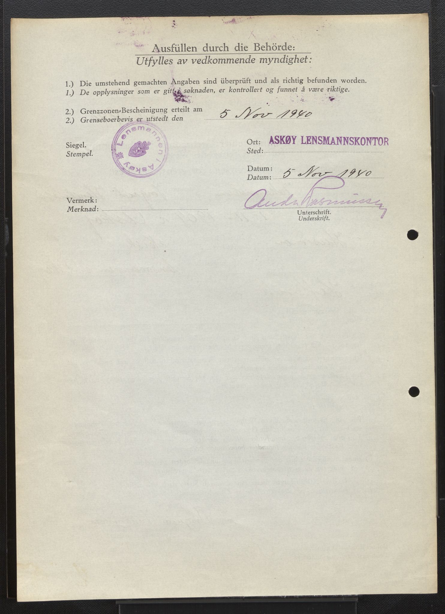 Lensmannen i Askøy, AV/SAB-A-31001/0026/L0008: Søknader om grensebuarbevis 2126 - 2550, 1940, s. 12