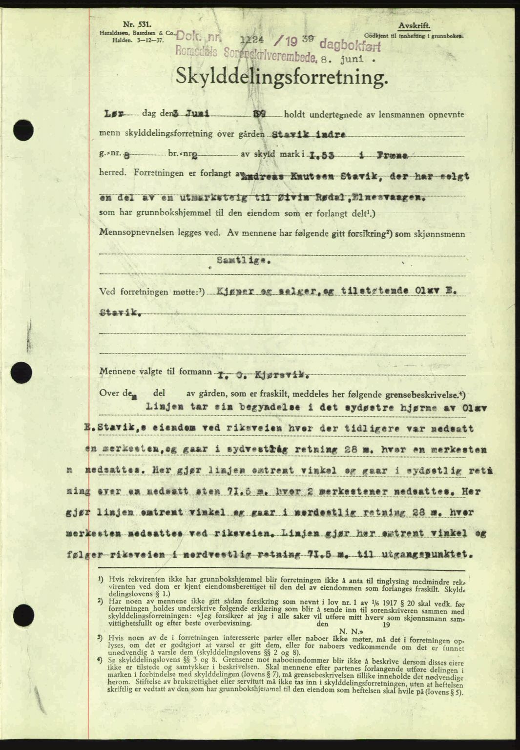 Romsdal sorenskriveri, AV/SAT-A-4149/1/2/2C: Pantebok nr. A7, 1939-1939, Dagboknr: 1124/1939