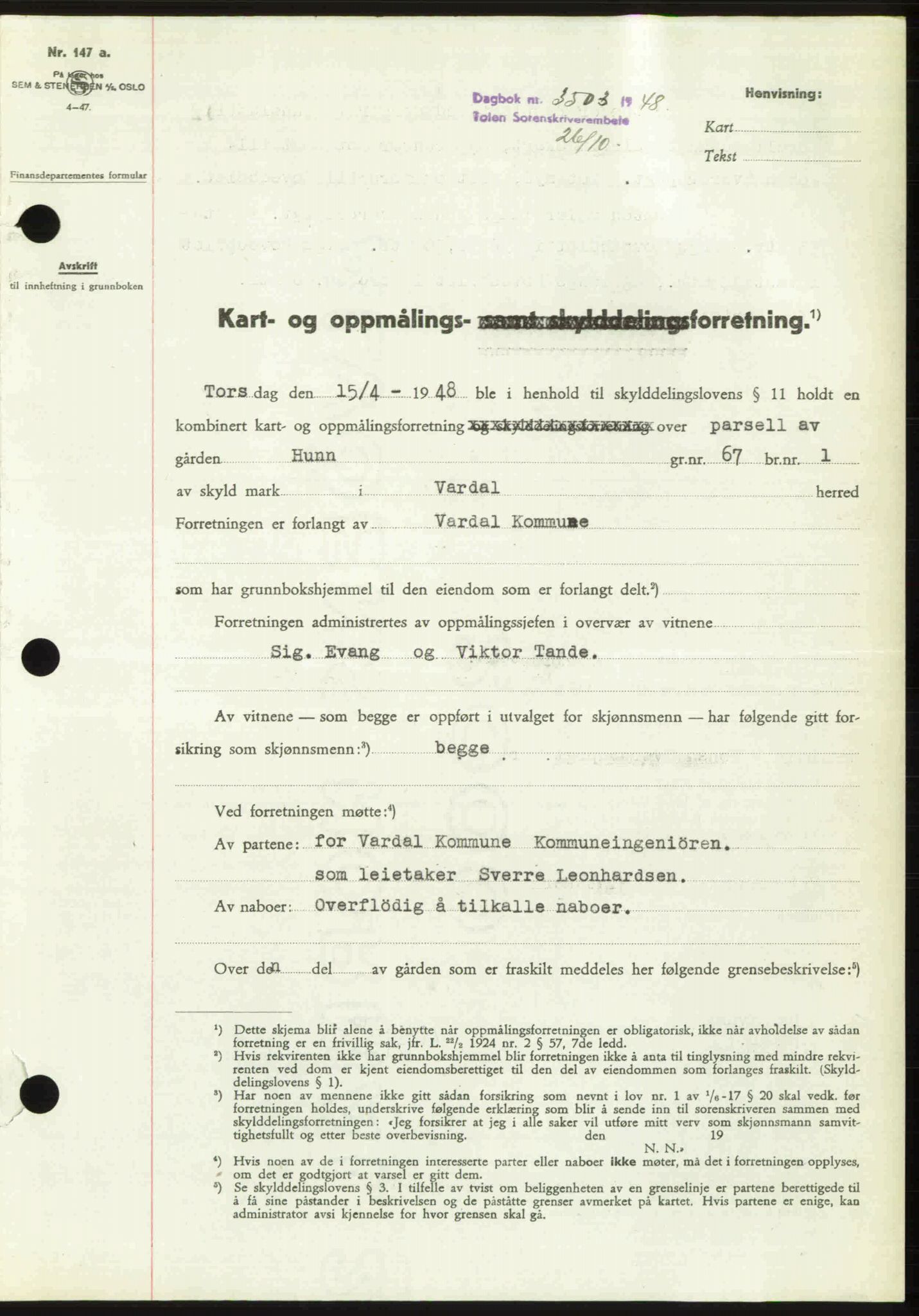 Toten tingrett, SAH/TING-006/H/Hb/Hbc/L0020: Pantebok nr. Hbc-20, 1948-1948, Dagboknr: 3503/1948