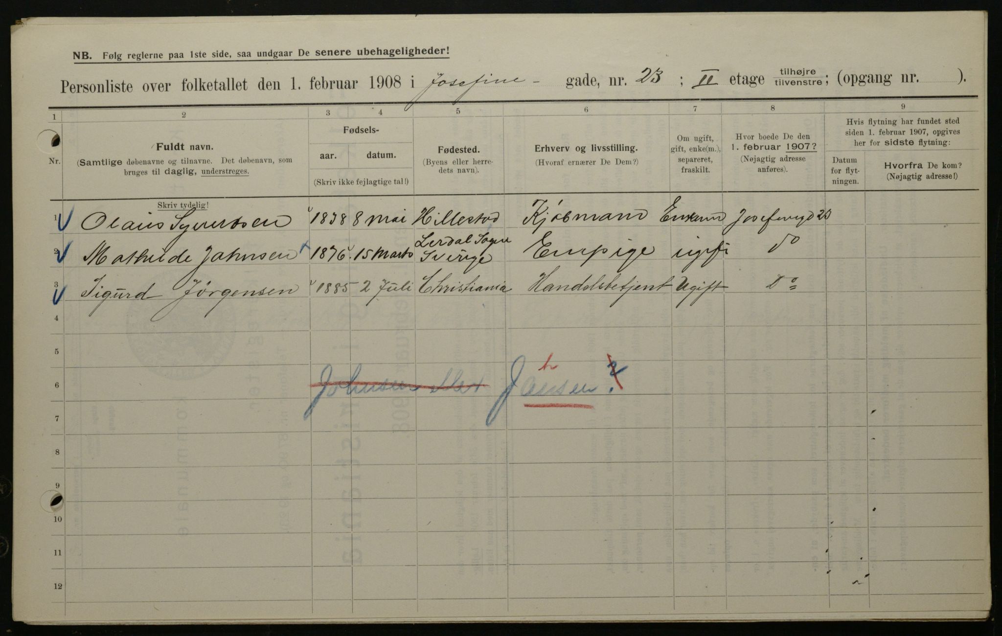 OBA, Kommunal folketelling 1.2.1908 for Kristiania kjøpstad, 1908, s. 42426