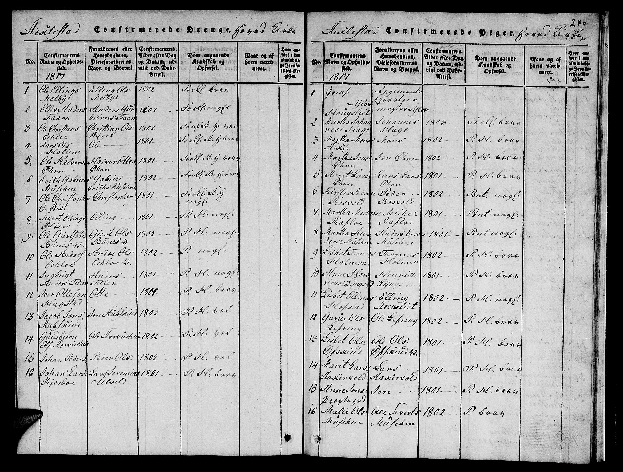 Ministerialprotokoller, klokkerbøker og fødselsregistre - Nord-Trøndelag, SAT/A-1458/723/L0251: Klokkerbok nr. 723C01 /1, 1816-1831, s. 240
