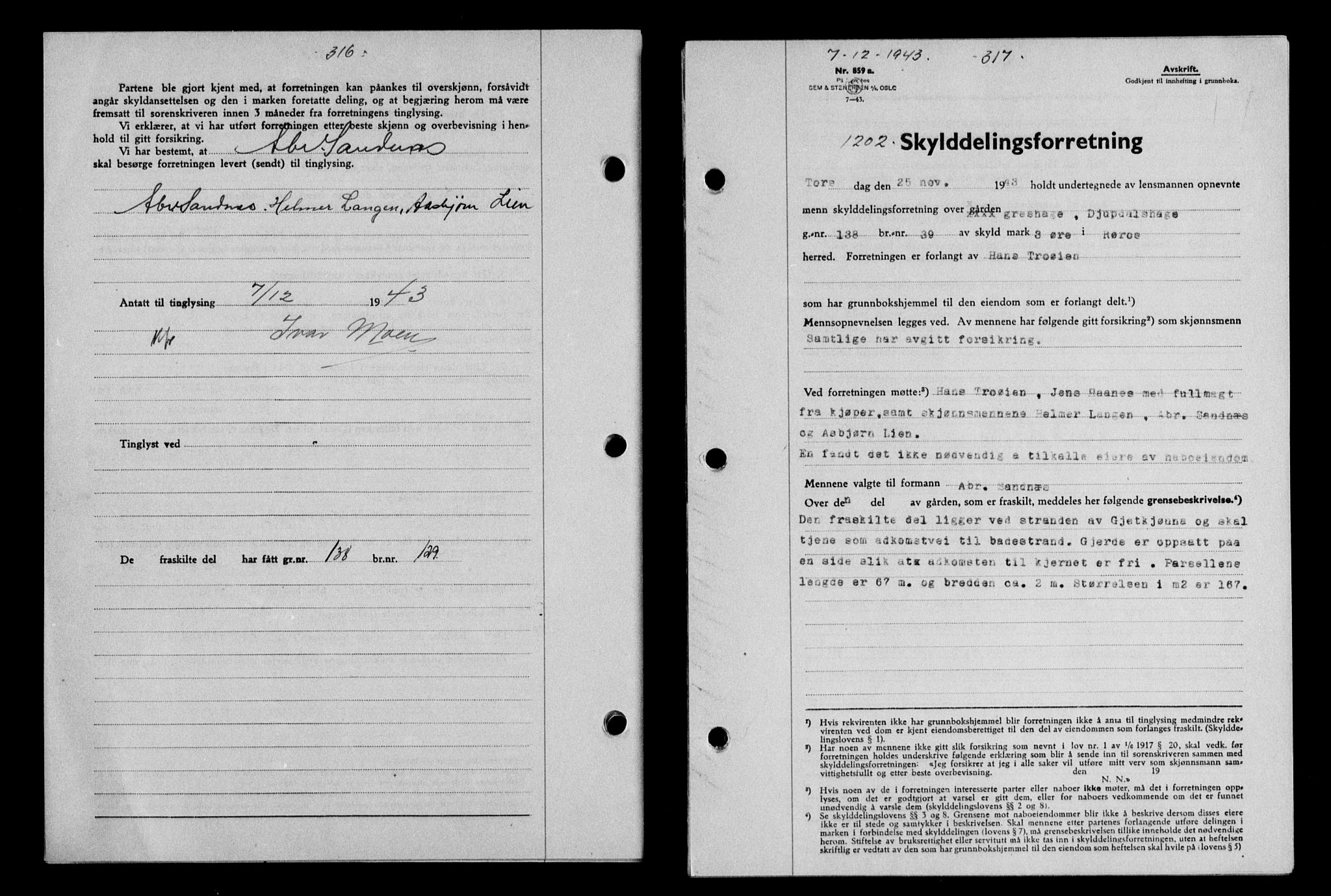 Gauldal sorenskriveri, SAT/A-0014/1/2/2C/L0057: Pantebok nr. 62, 1943-1944, Dagboknr: 1202/1943