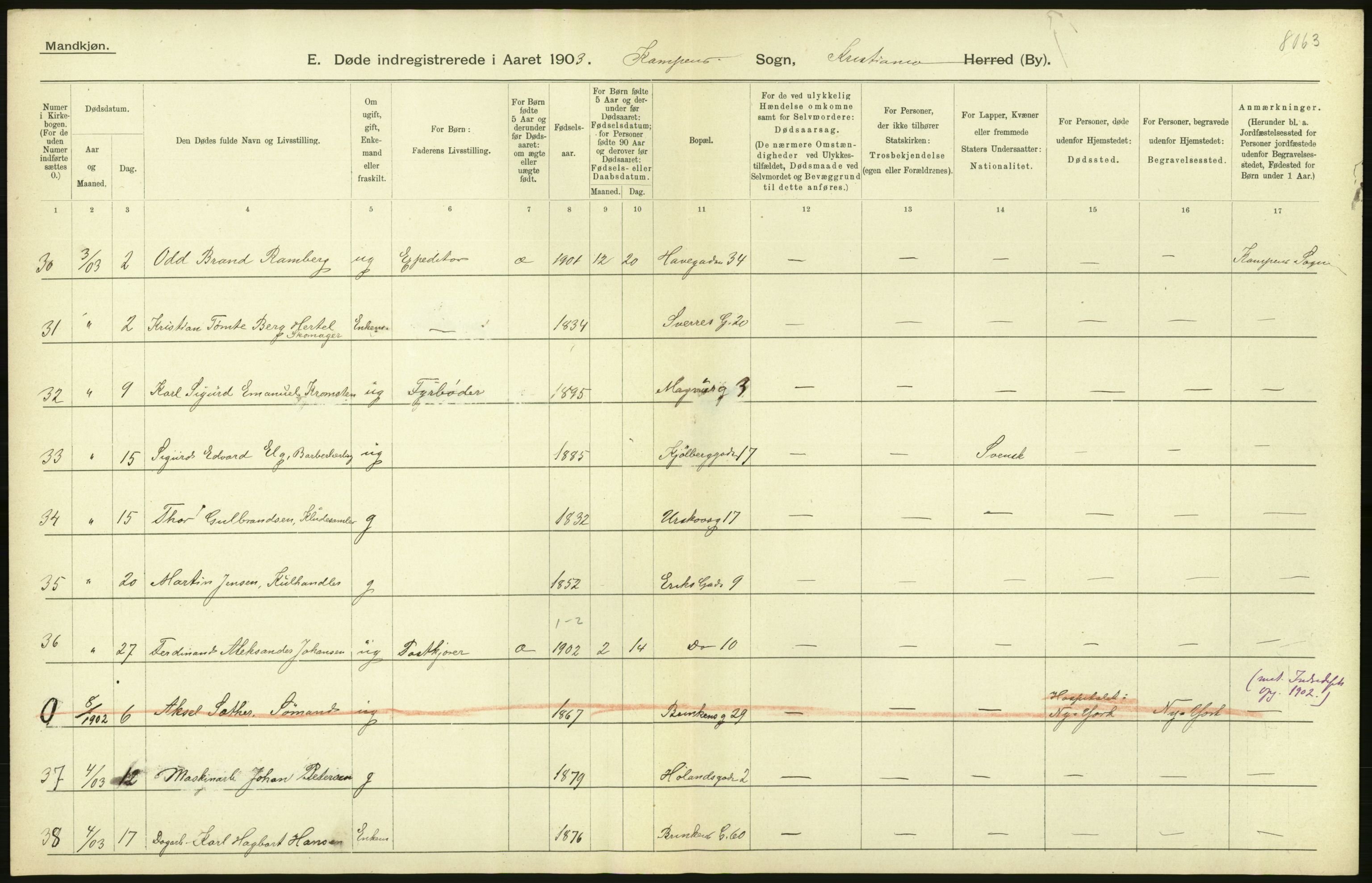 Statistisk sentralbyrå, Sosiodemografiske emner, Befolkning, AV/RA-S-2228/D/Df/Dfa/Dfaa/L0004: Kristiania: Gifte, døde, 1903, s. 254