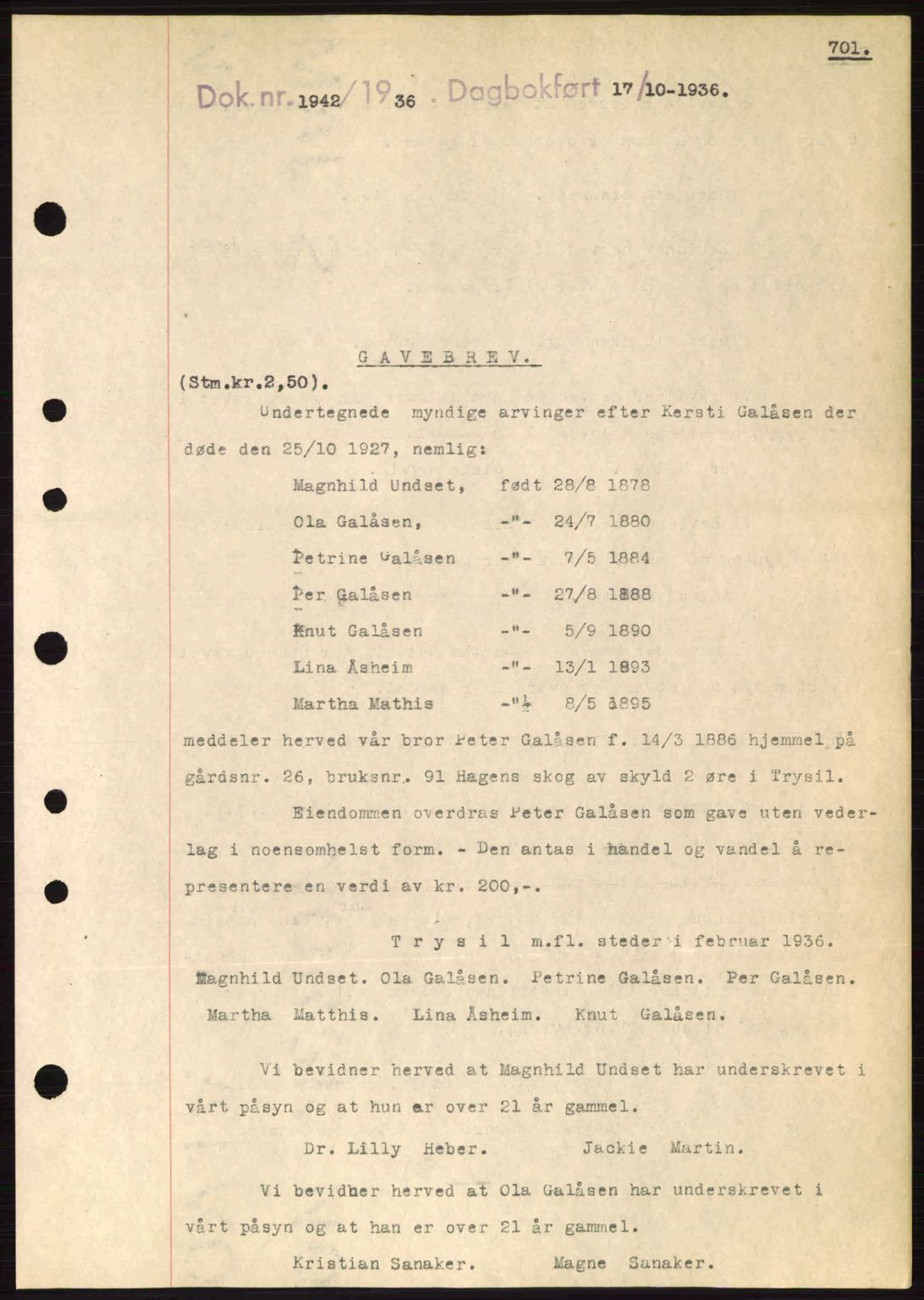 Sør-Østerdal sorenskriveri, SAH/TING-018/H/Hb/Hbb/L0054: Pantebok nr. A54, 1936-1936, Dagboknr: 1942/1936