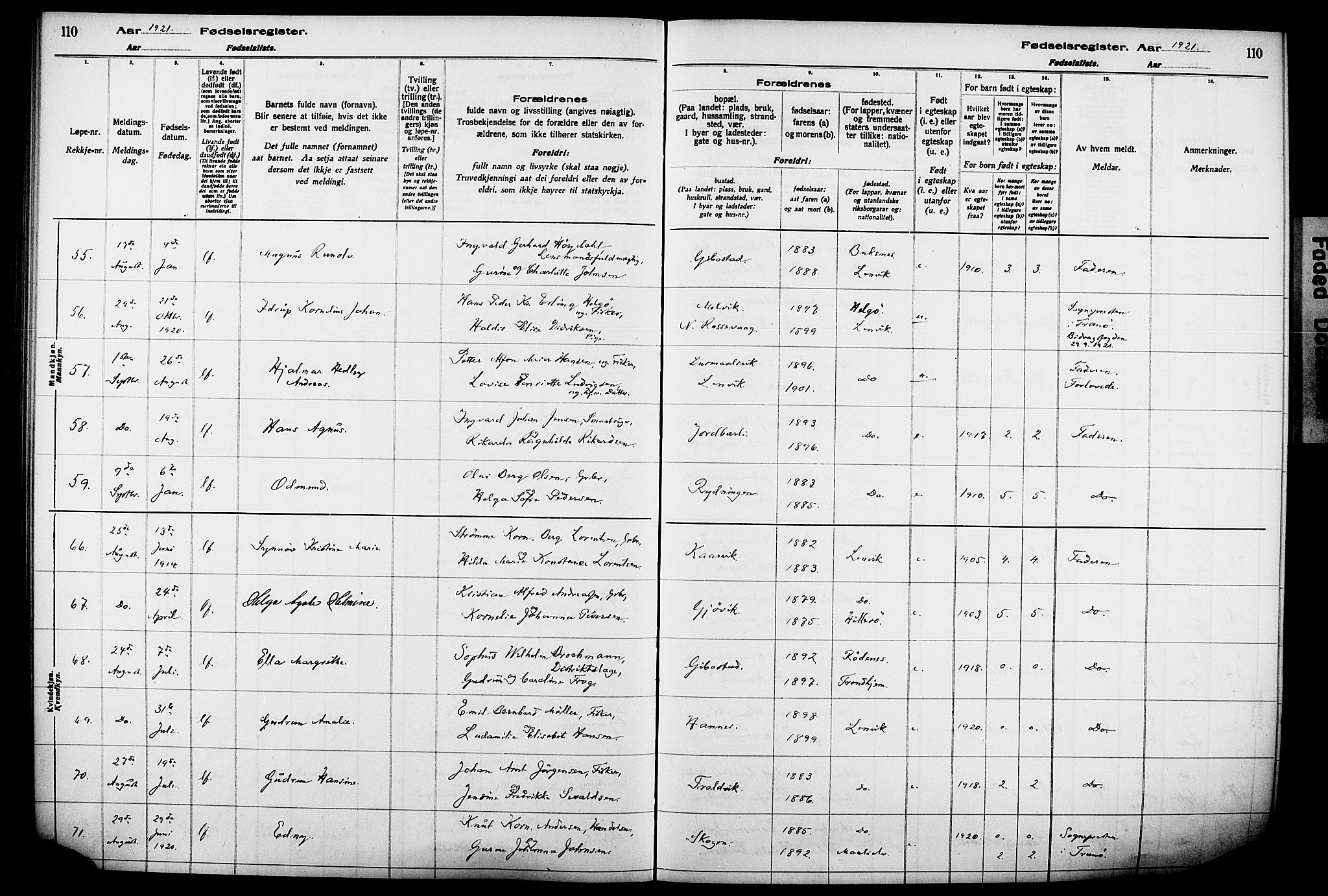 Lenvik sokneprestembete, AV/SATØ-S-1310/I/Ic/L0089: Fødselsregister nr. 89, 1916-1926, s. 110