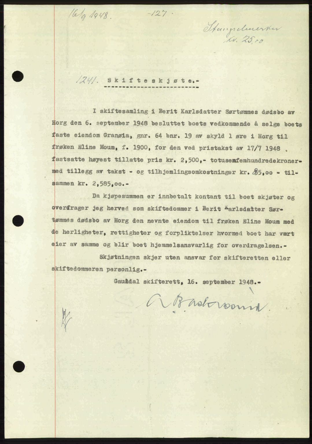 Gauldal sorenskriveri, SAT/A-0014/1/2/2C: Pantebok nr. A6, 1948-1948, Dagboknr: 1241/1948