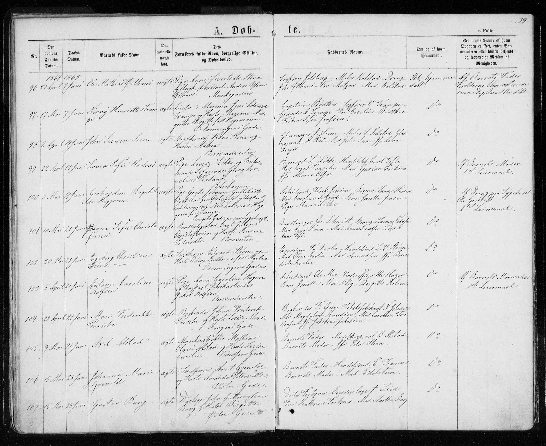 Ministerialprotokoller, klokkerbøker og fødselsregistre - Sør-Trøndelag, AV/SAT-A-1456/601/L0054: Ministerialbok nr. 601A22, 1866-1877, s. 39