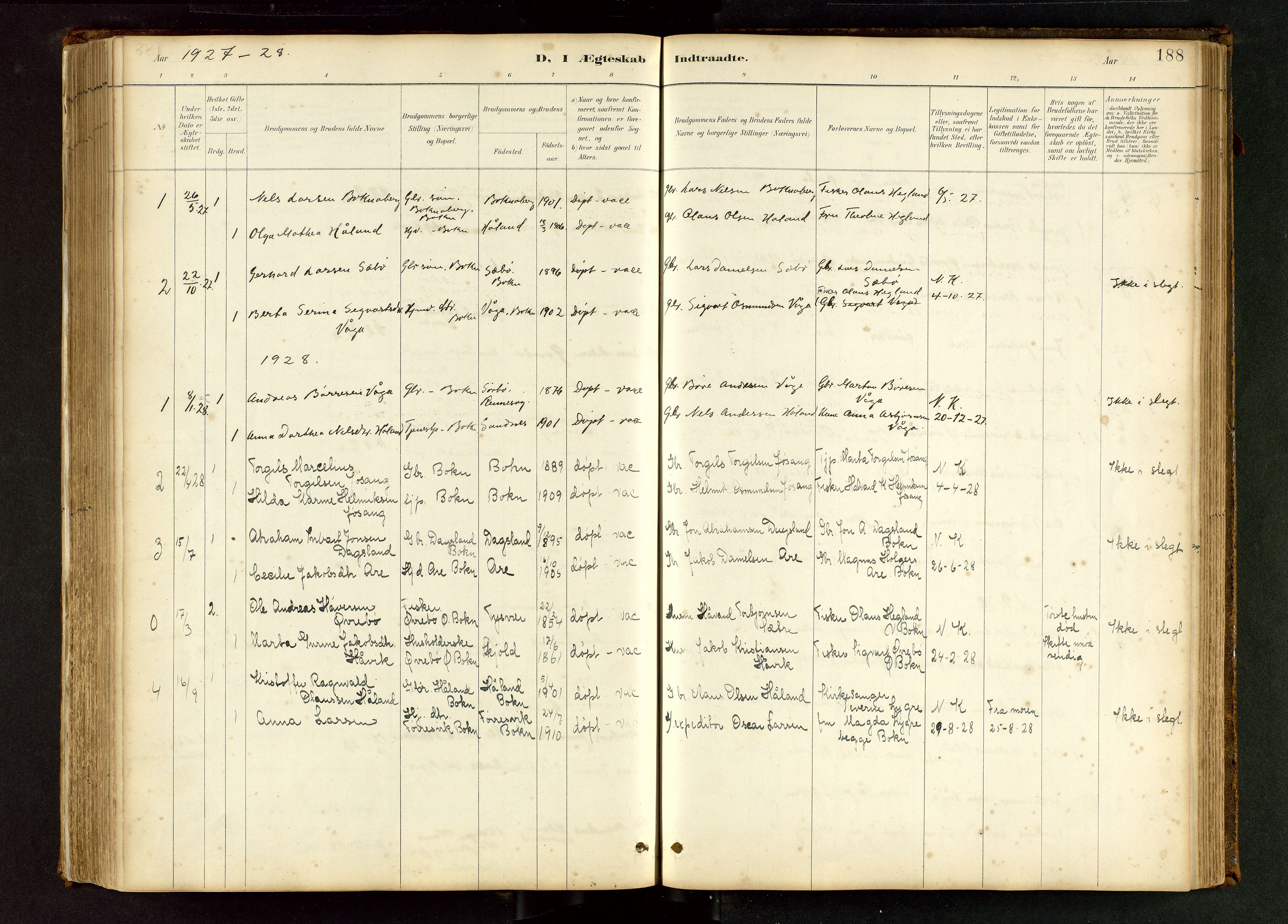 Tysvær sokneprestkontor, AV/SAST-A -101864/H/Ha/Hab/L0005: Klokkerbok nr. B 5, 1887-1947, s. 188