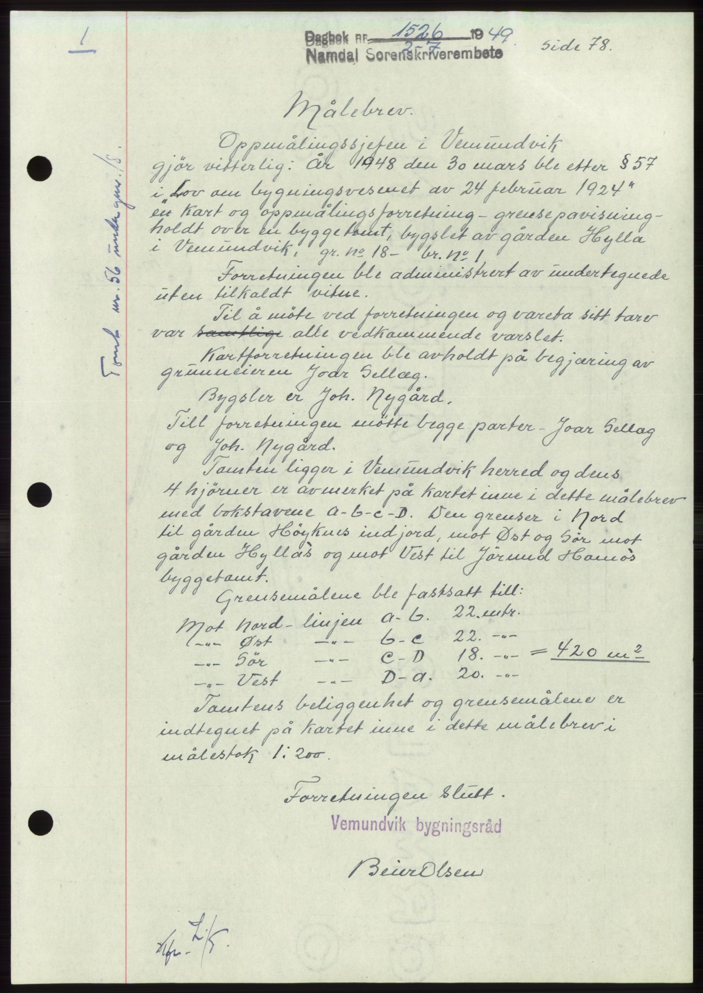 Namdal sorenskriveri, SAT/A-4133/1/2/2C: Pantebok nr. -, 1949-1949, Dagboknr: 1526/1949