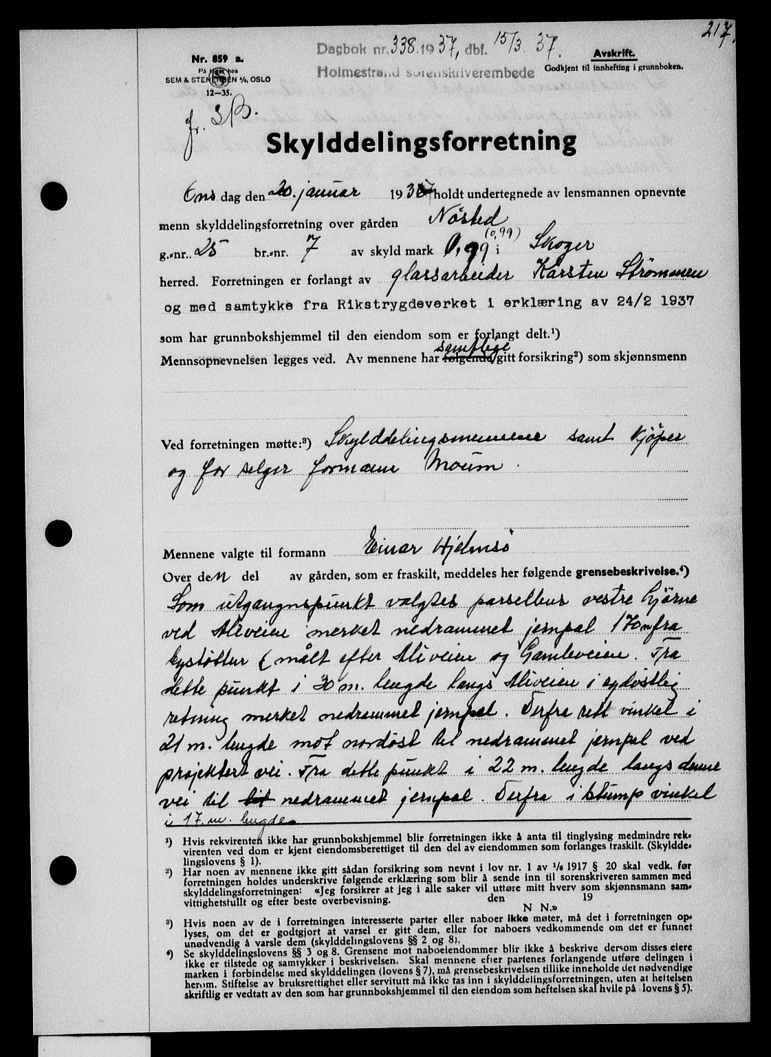 Holmestrand sorenskriveri, SAKO/A-67/G/Ga/Gaa/L0048: Pantebok nr. A-48, 1936-1937, Dagboknr: 338/1937