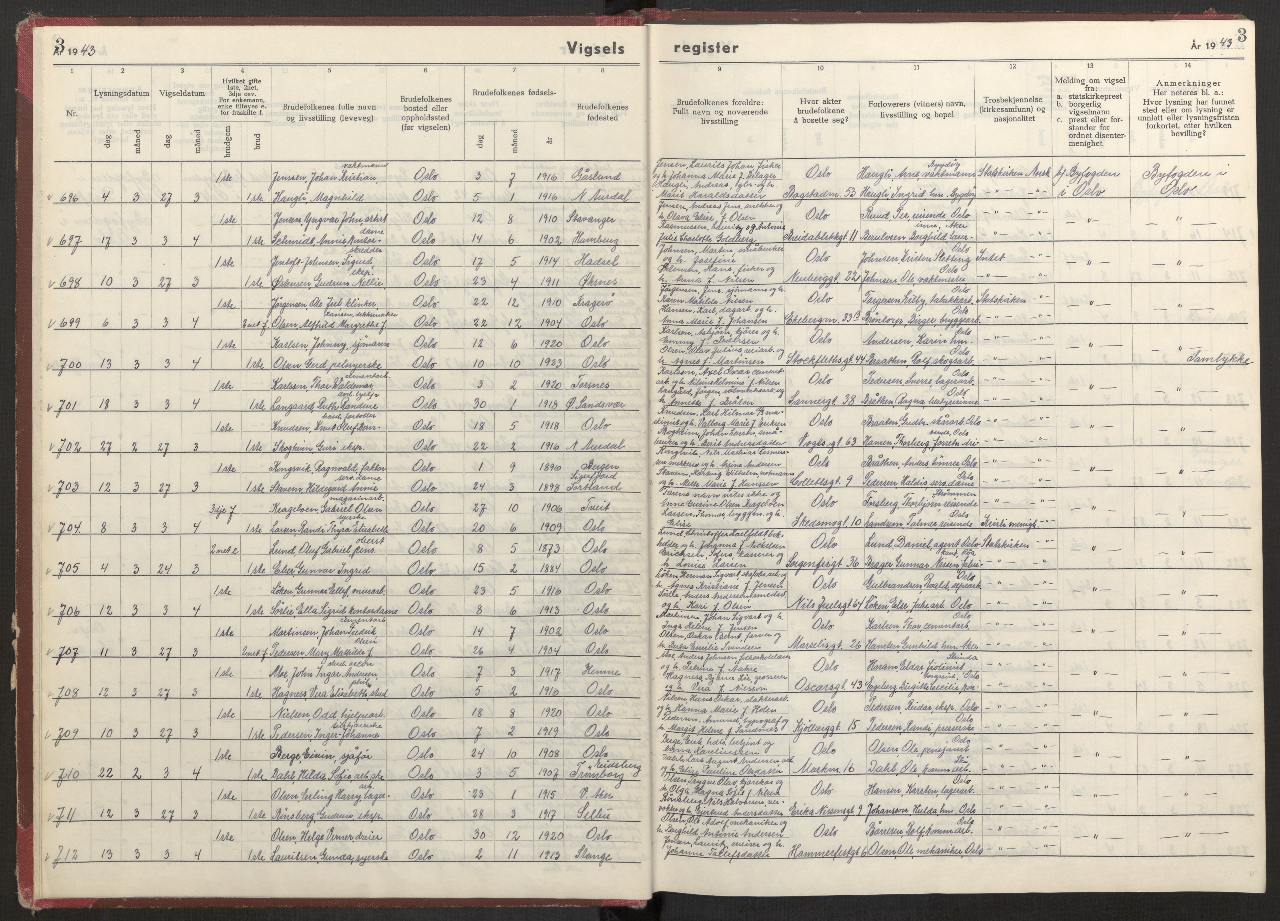 Oslo folkeregister, AV/SAO-A-10991/G/Ga/L0004: Vigselsregister for Oslo, 1943-1944, s. 3